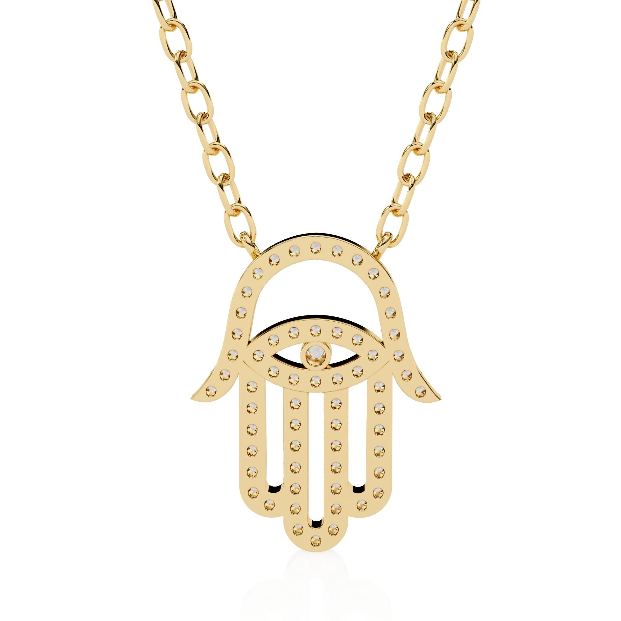 3/10 Ctw Hamsa Hand of Fatima Diamond Evil Eye Necklace, 14K Solid Gold, SI GH In New Condition For Sale In New York, NY