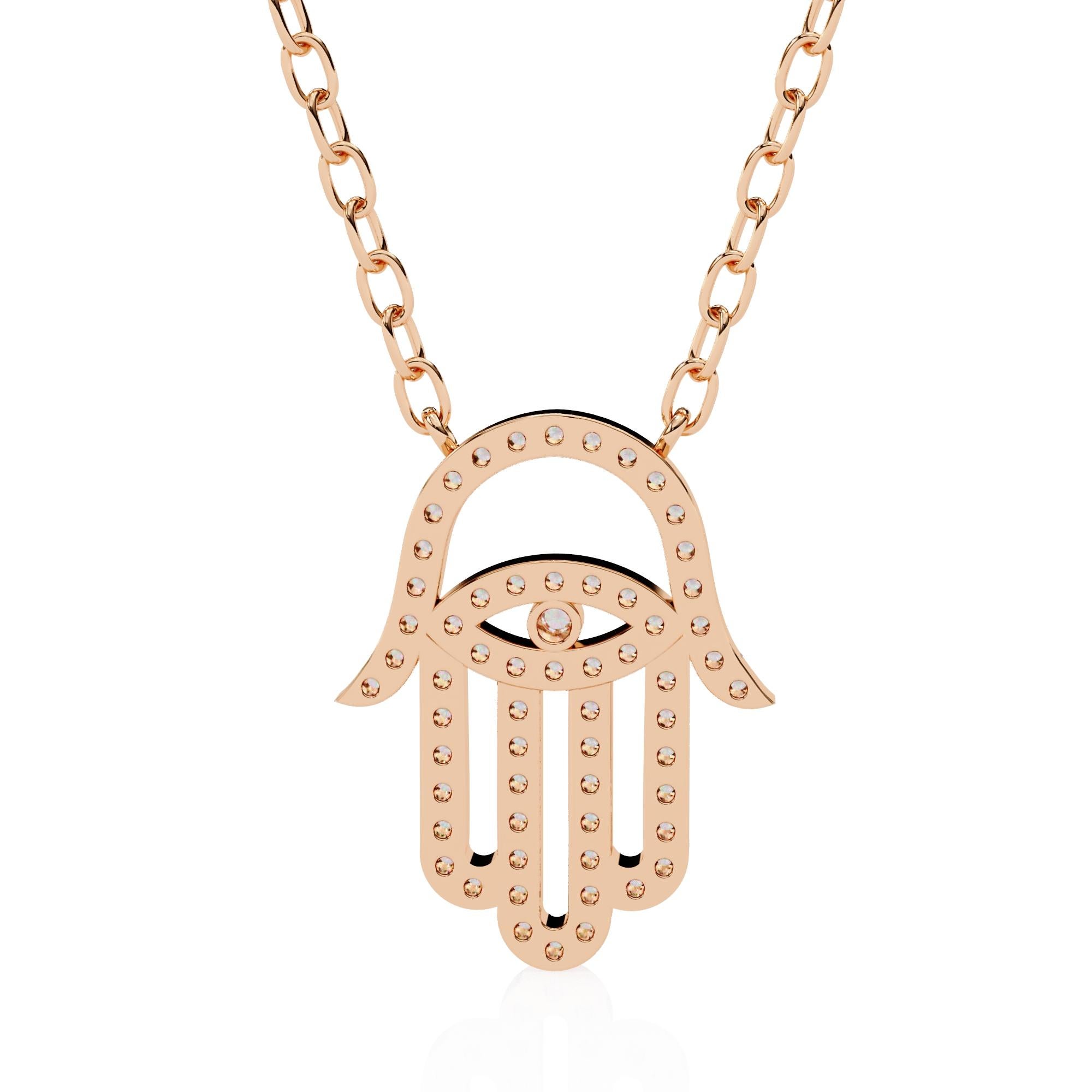 3/10 Ctw Hamsa Hand of Fatima Diamond Evil Eye Necklace, 14K Solid Gold, SI GH For Sale 3