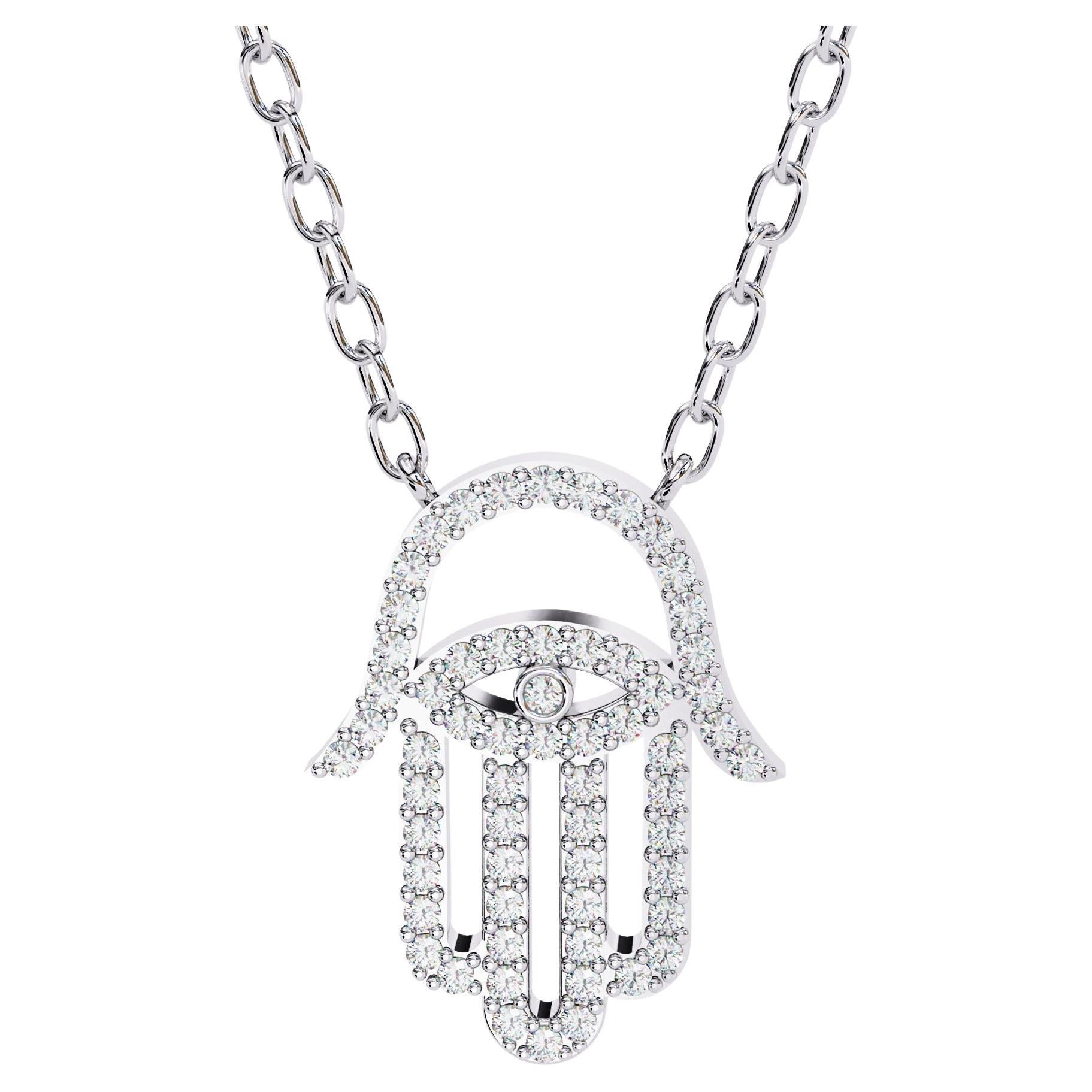 3/10 Ctw Hamsa Hand of Fatima Diamond Evil Eye Necklace, 14K Solid Gold, SI GH For Sale