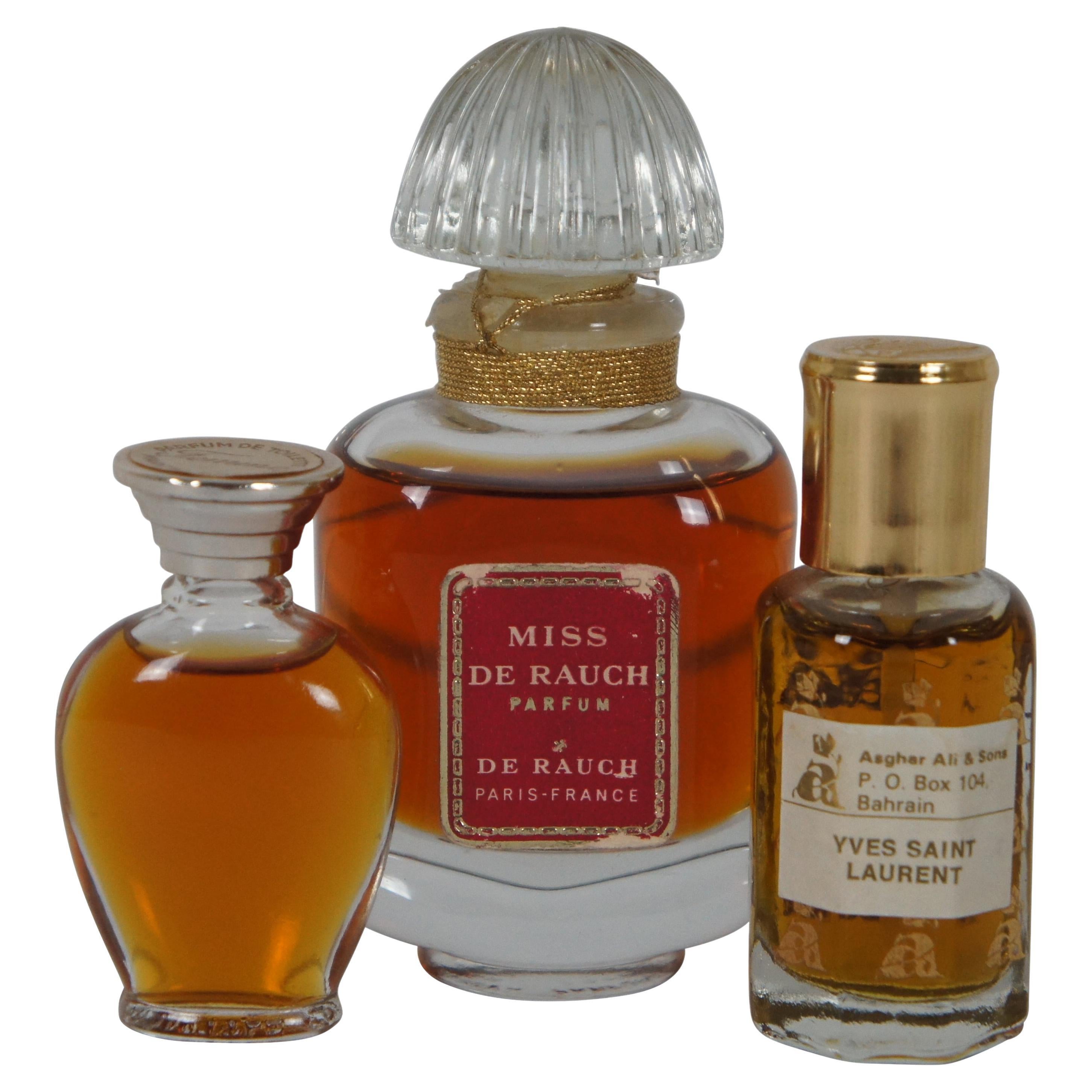 3 1960s French Perfume Bottles Miss De Rauch Femme Marcel Rochas Yves St Laurent For Sale