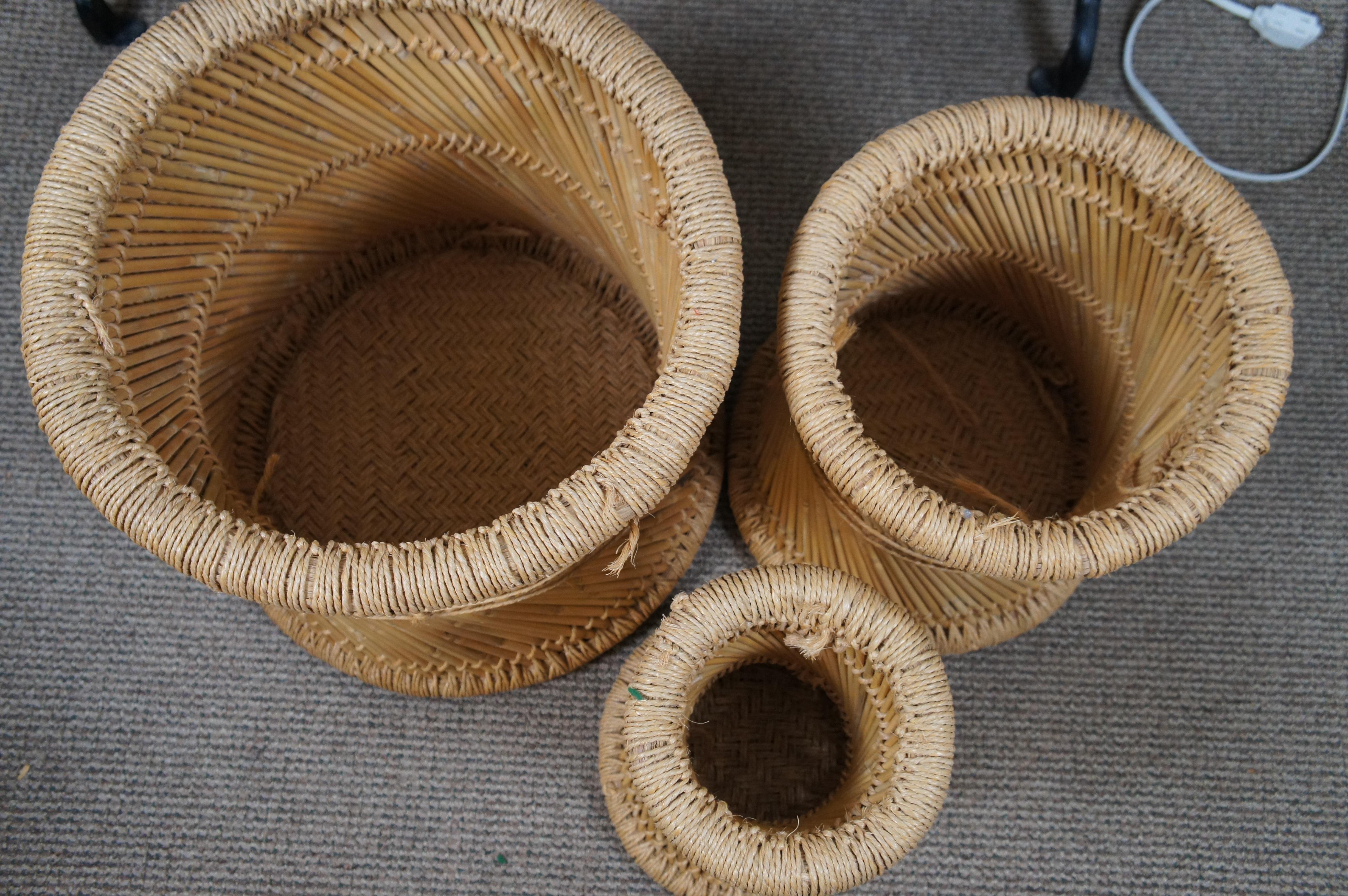 3 1970s Mid Century Modern Spiral Cane & Woven Sisal Nesting Stools Tables 17