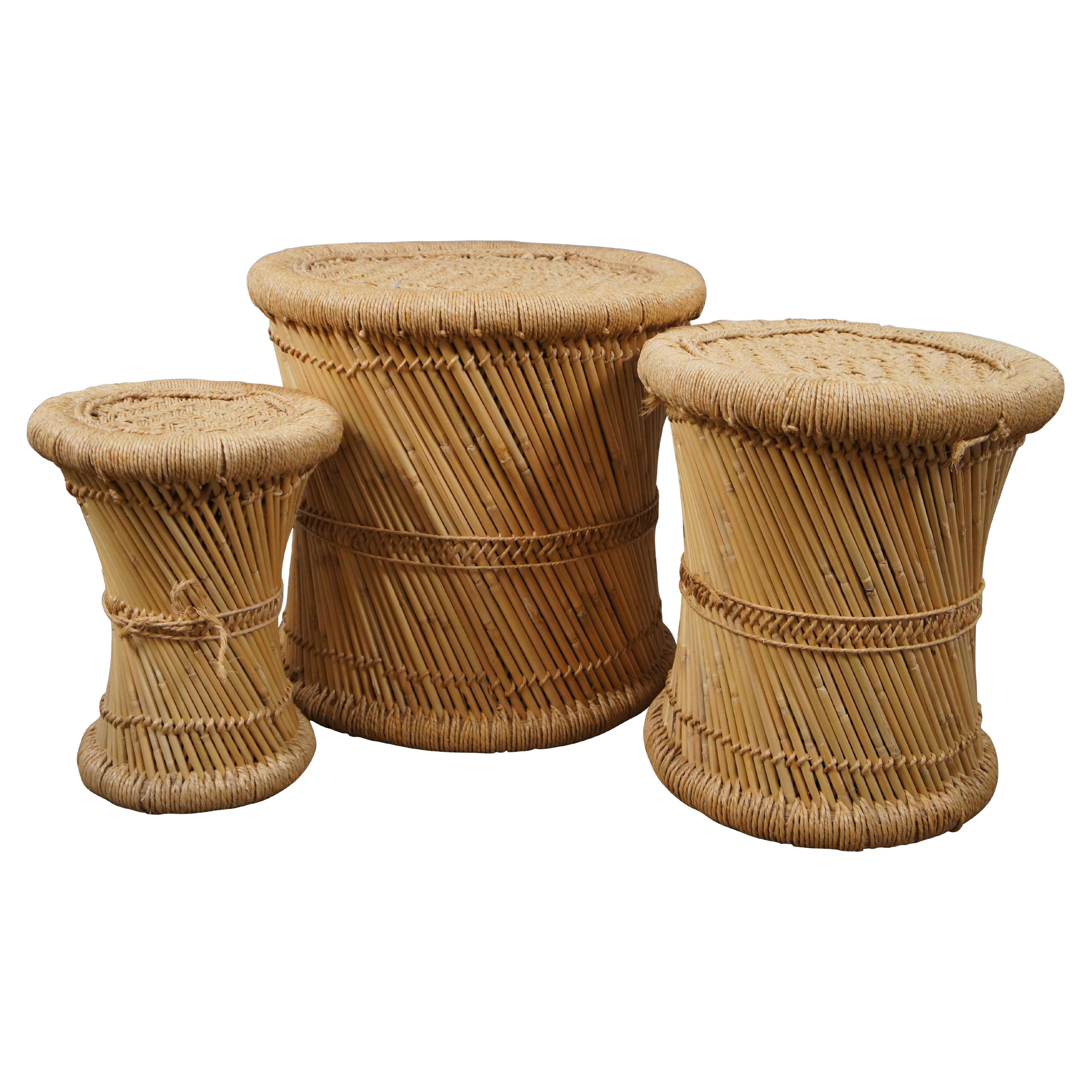 3 1970s Mid Century Modern Spiral Cane & Woven Sisal Nesting Stools Tables 17" For Sale