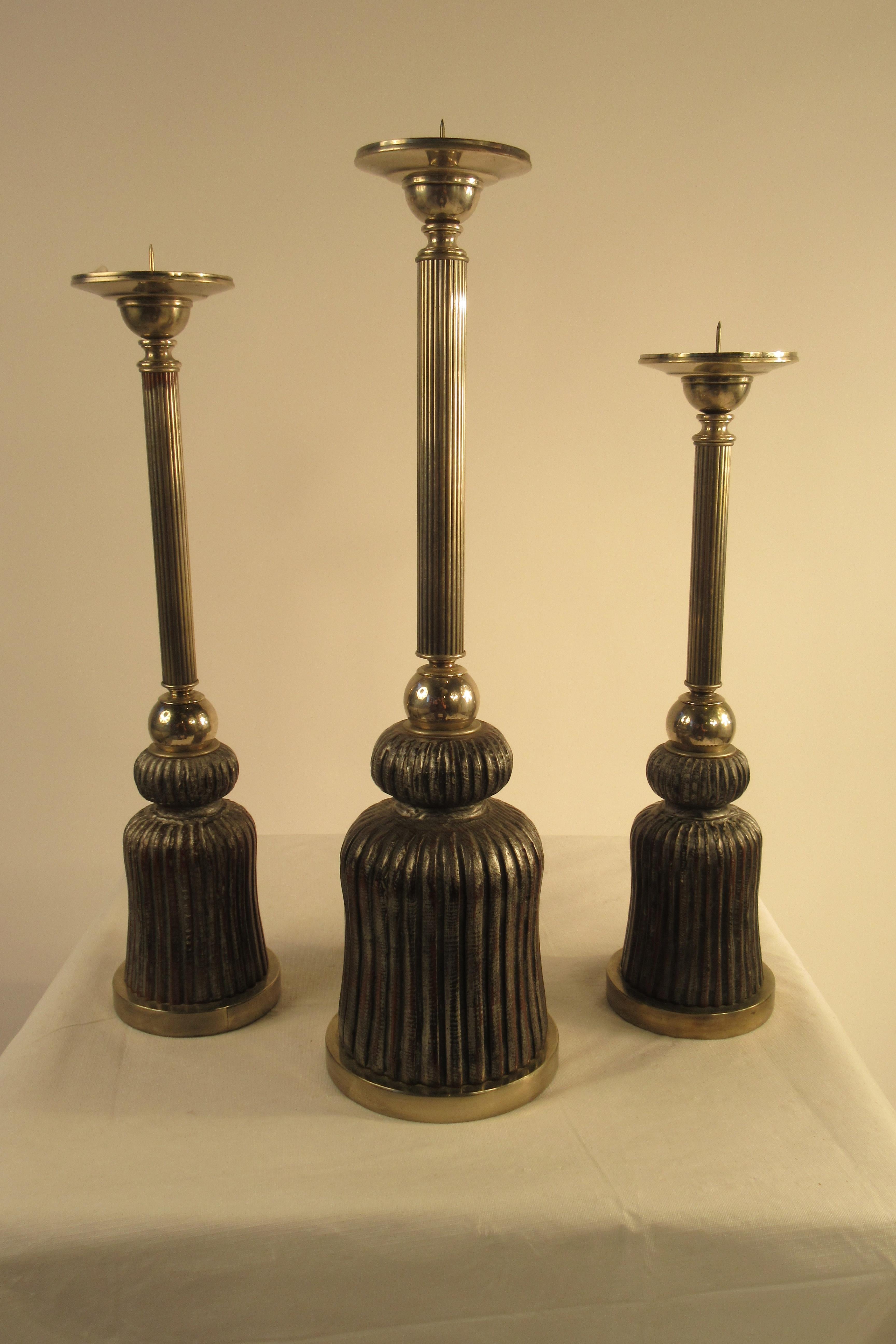 3 1980s Silver Plate and Wood Tassel Candlesticks In Good Condition In Tarrytown, NY