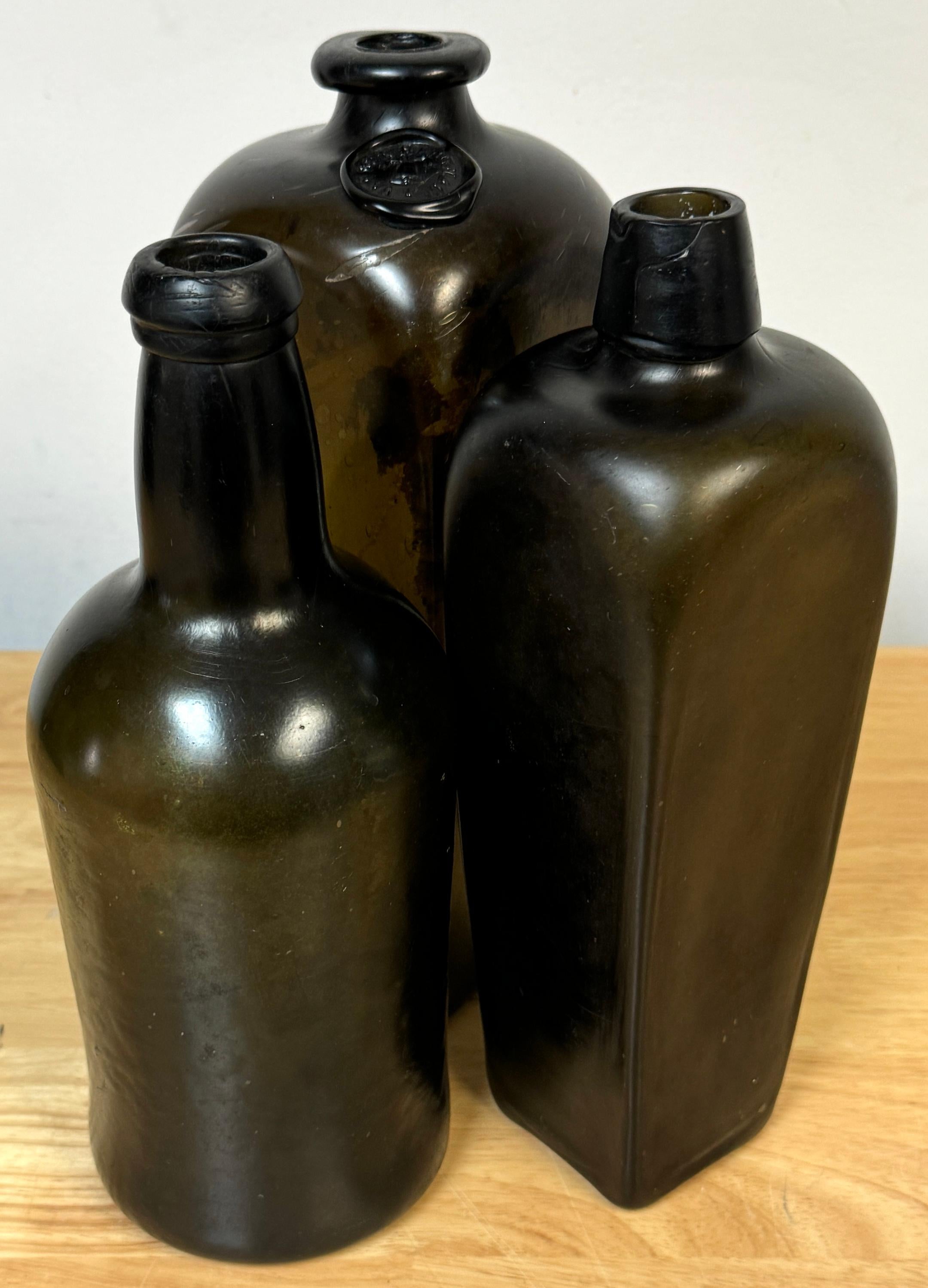 3 19th C. Shipwreck Olive Green Glass Liquor Bottles, Van Den Bergh & Co. et al For Sale 5