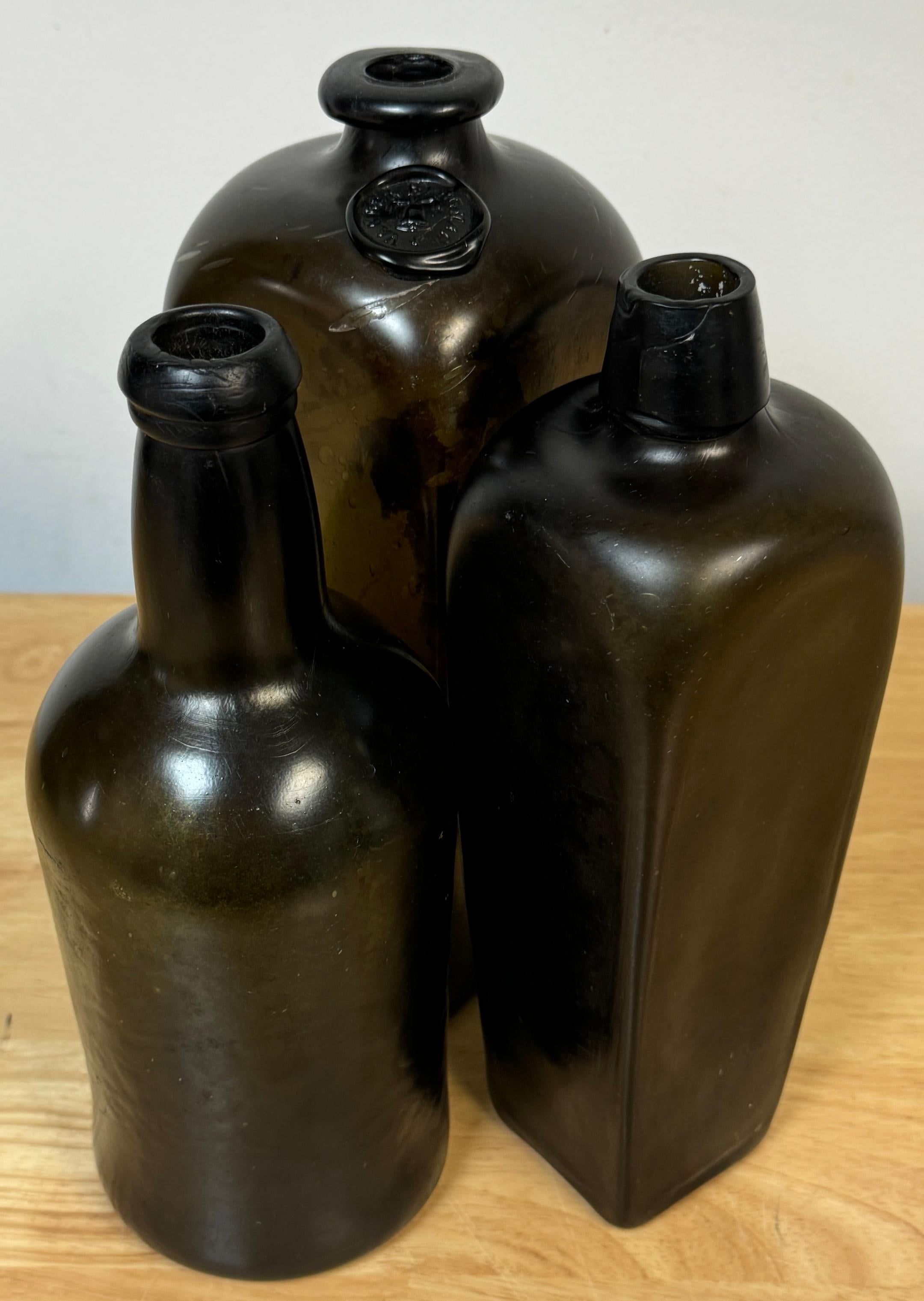 3 19th C. Shipwreck Olive Green Glass Liquor Bottles, Van Den Bergh & Co. et al For Sale 6