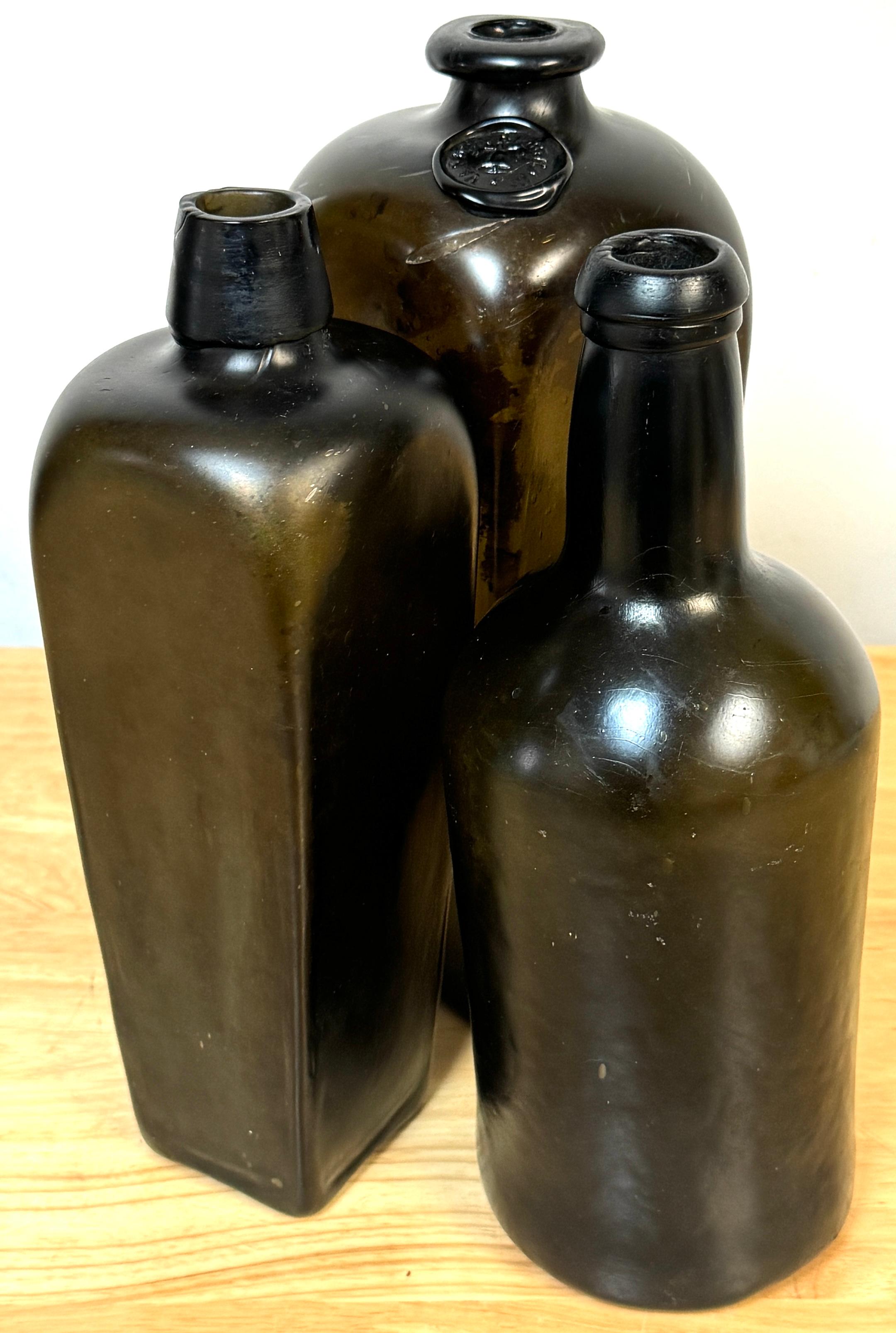 3 19th C. Shipwreck Olive Green Glass Liquor Bottles, Van Den Bergh & Co. et al For Sale 12