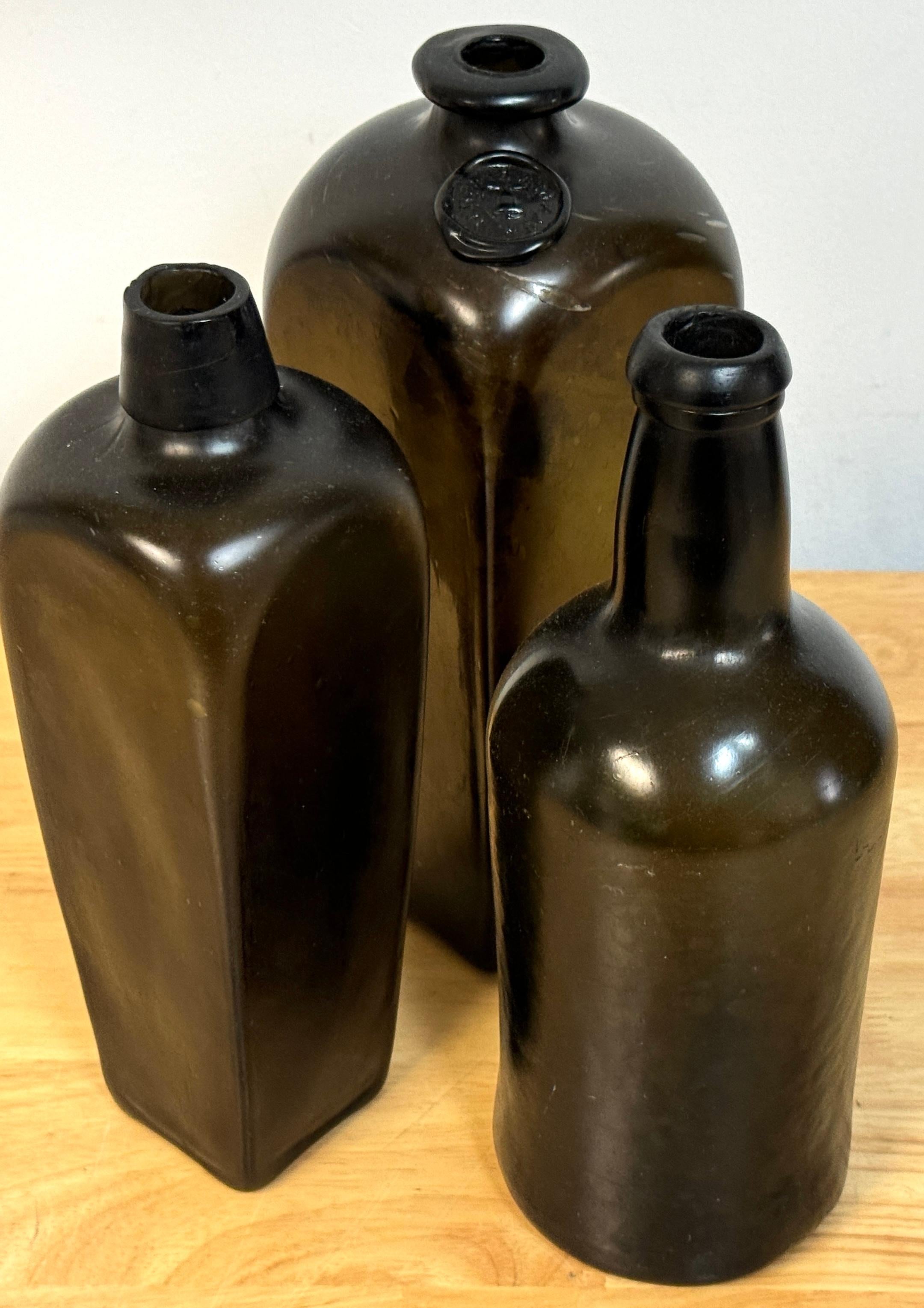 Dutch 3 19th C. Shipwreck Olive Green Glass Liquor Bottles, Van Den Bergh & Co. et al For Sale