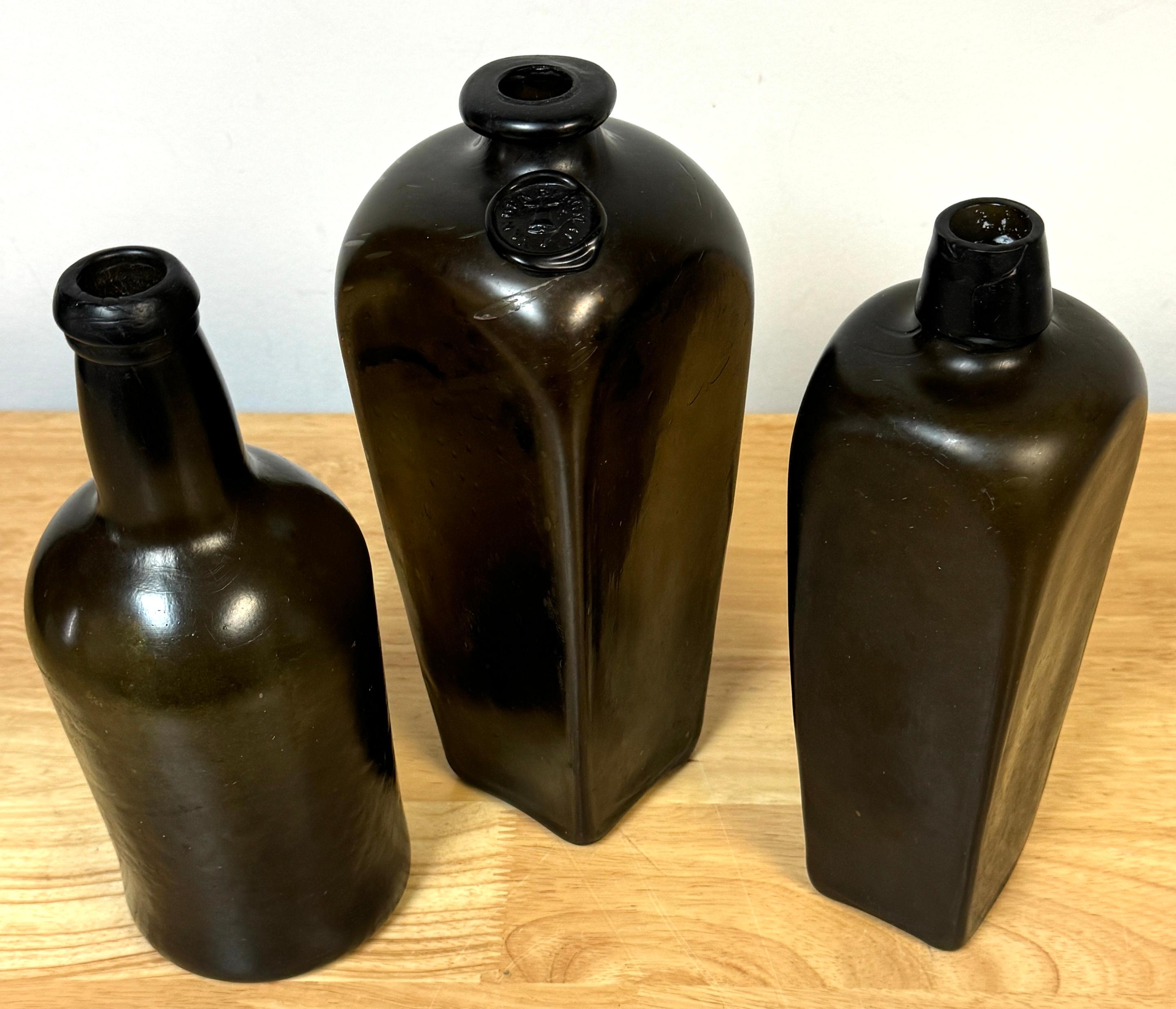 19th Century 3 19th C. Shipwreck Olive Green Glass Liquor Bottles, Van Den Bergh & Co. et al For Sale