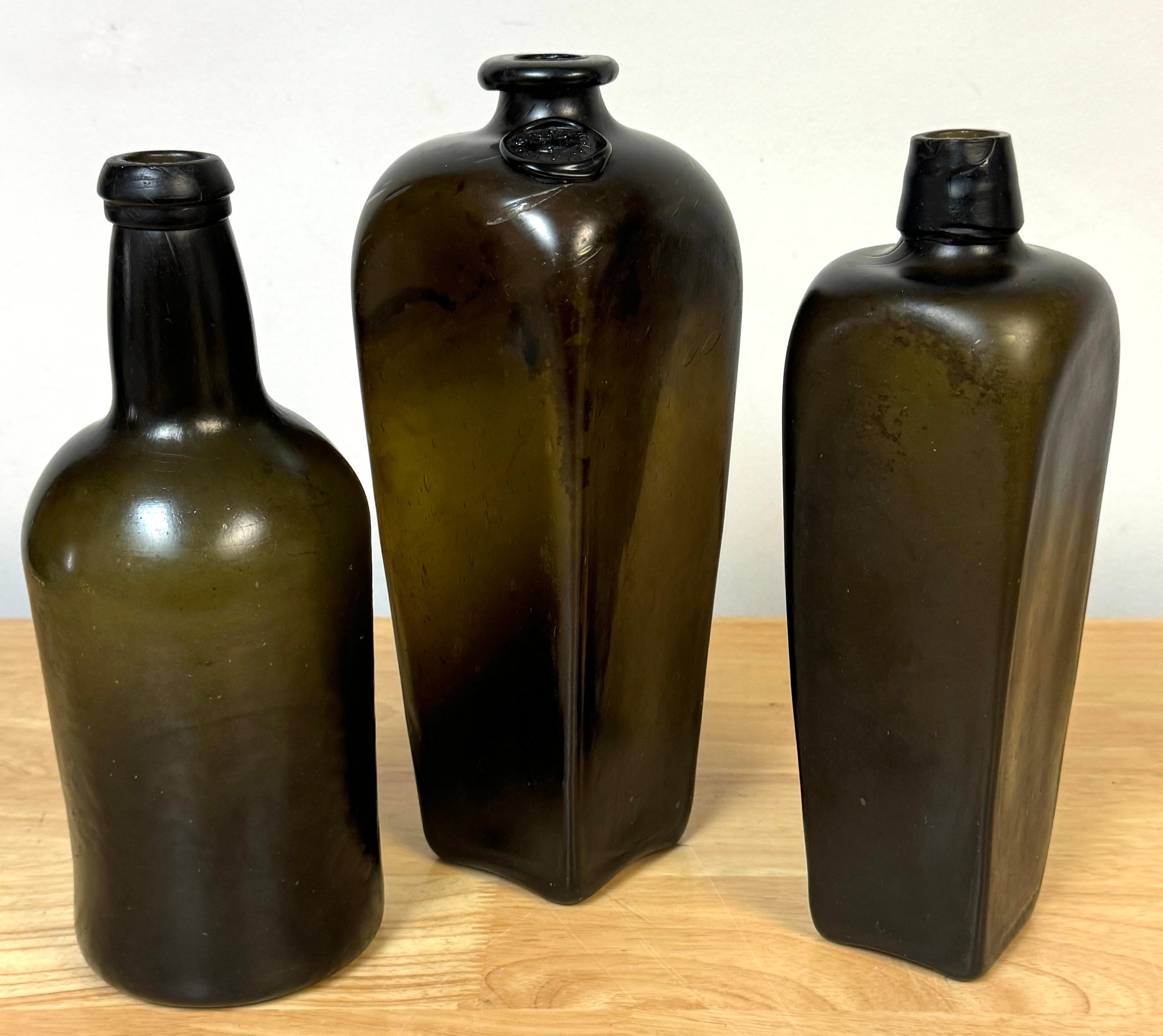 3 19th C. Shipwreck Olive Green Glass Liquor Bottles, Van Den Bergh & Co. et al For Sale 1