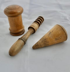 3 19th century Hand Made Treen Items, Pounce, Plumb Bob, Bodkin