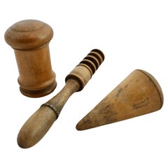 3 19th century Hand Made Treen Items, Pounce, Plumb Bob, Bodkin   