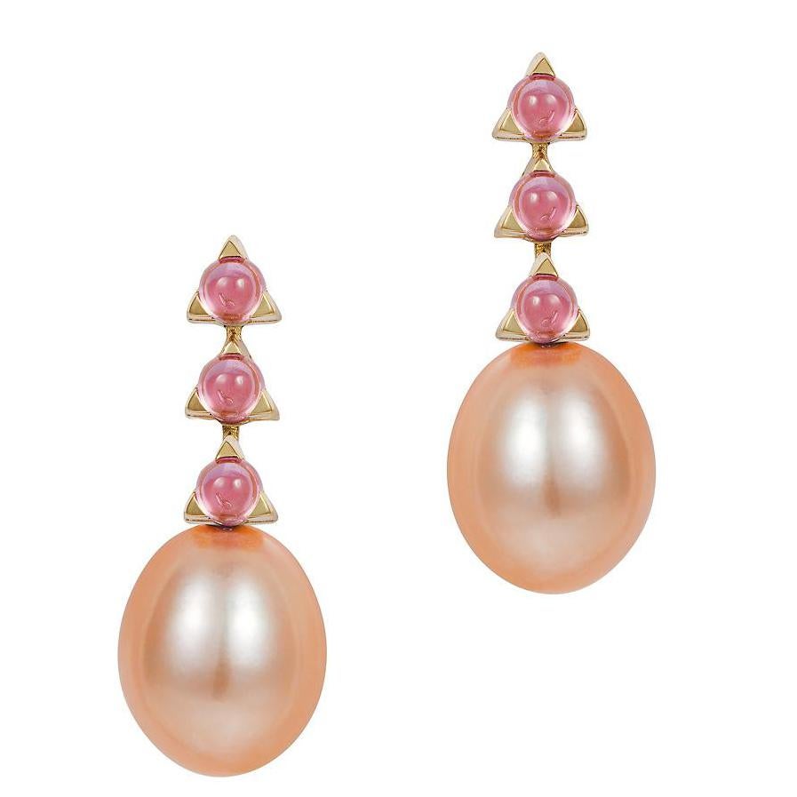 3- 3 mm Stone Baroque Pink Pearl Earrings, Pink Tourmaline, 18 karat yellow gold For Sale