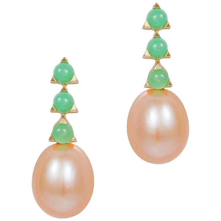 3- 3mm Stone Baroque Pink Pearl Earrings, Green Chrysoprase, 18 k ...