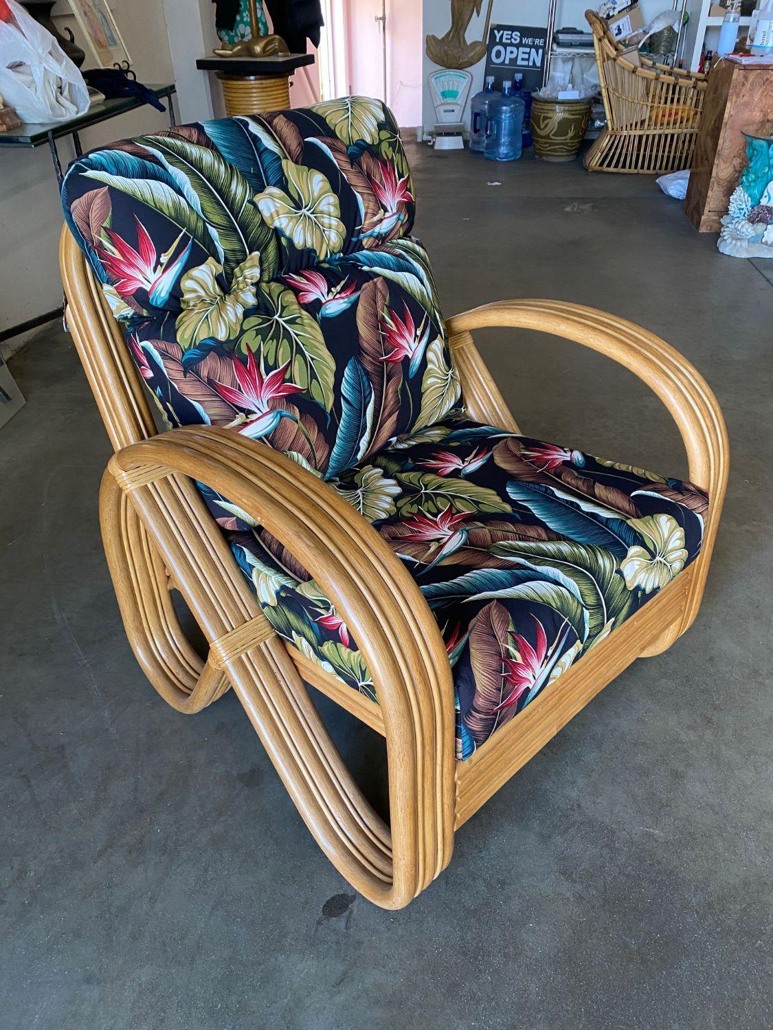 American 3/4 3-Strand Round Pretzel Rattan Lounge Chair with Barkcloth Cushions