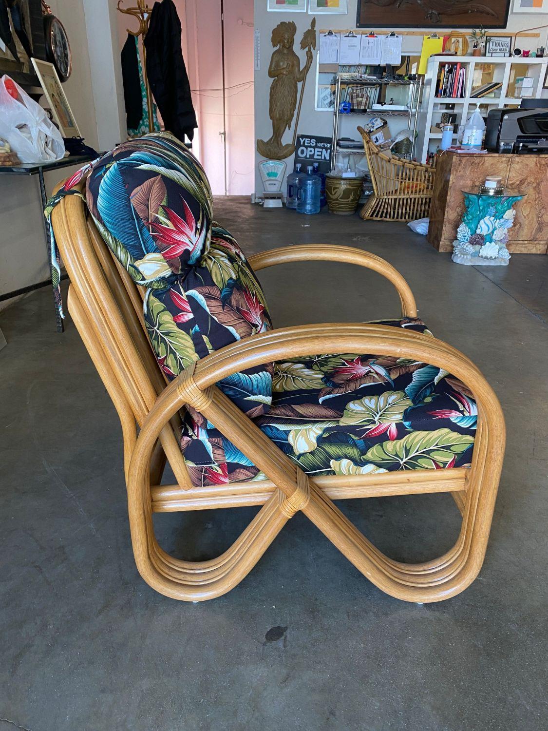 3/4 3-Strand Round Pretzel Rattan Lounge Chair with Barkcloth Cushions In Excellent Condition In Van Nuys, CA