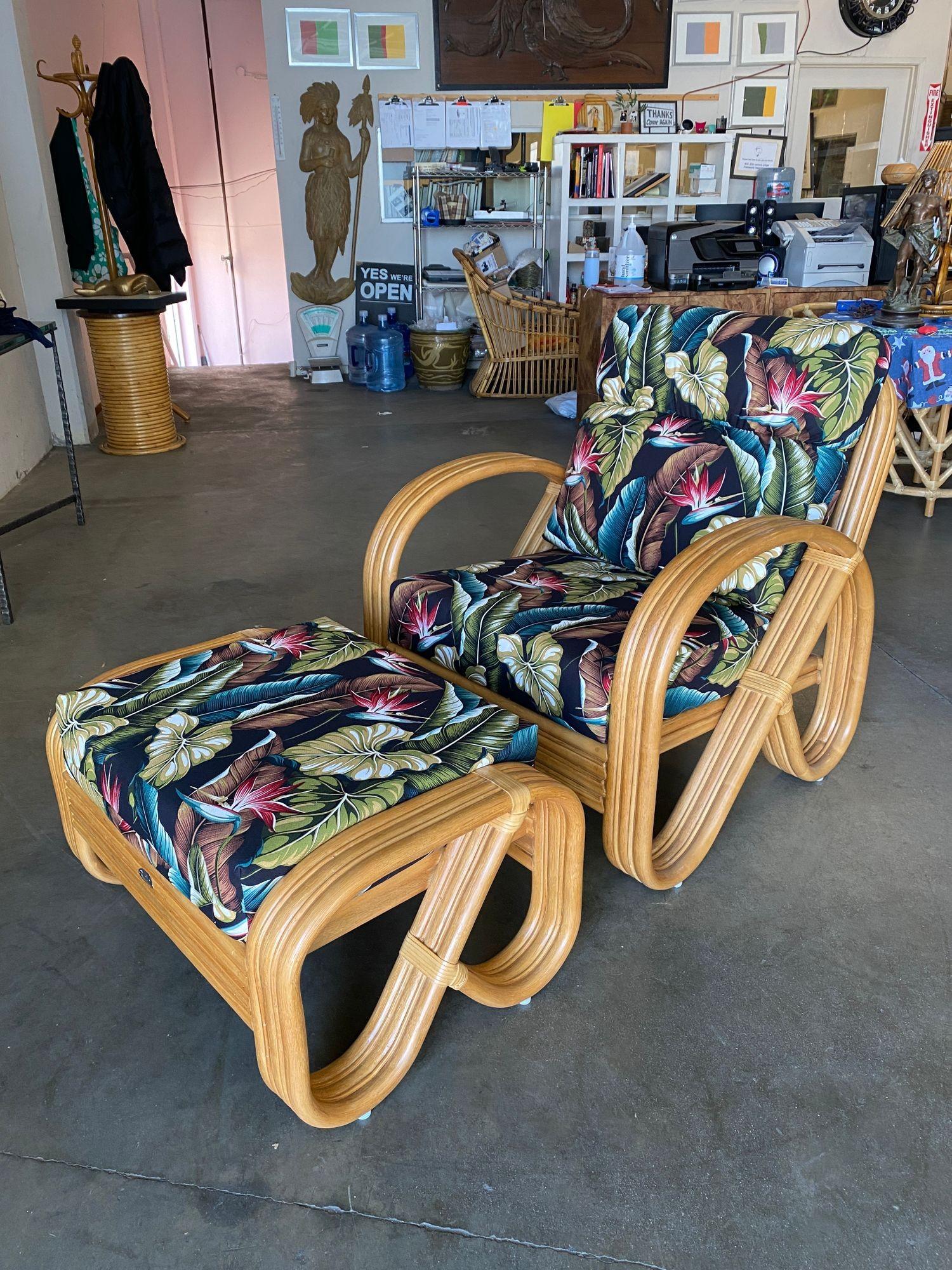 Harveys Collection features this 1990s 3/4 round pretzel rattan lounge chair and ottoman set. The set features bent rattan 