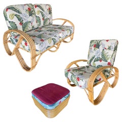 Vintage Restored 3/4 4-Strand Round Pretzel Rattan Ottoman, Settee  Chair Livingroom Set