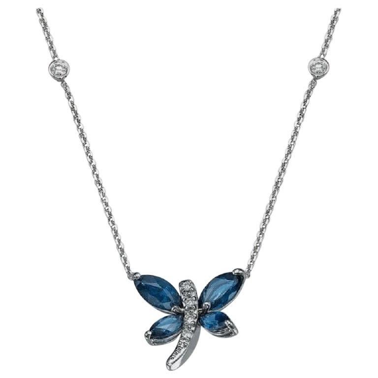Art Deco 3/4 Carat 14 Karat White Gold Blue Sapphire Pendant, Diamonds Dragonfly Pendant