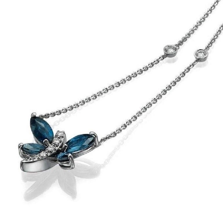 3/4 Carat 14 Karat White Gold Blue Sapphire Pendant, Diamonds Dragonfly Pendant In New Condition In Ramat Gan, IL
