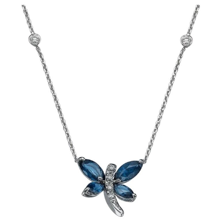 3/4 Carat 14 Karat White Gold Blue Sapphire Pendant, Diamonds Dragonfly Pendant