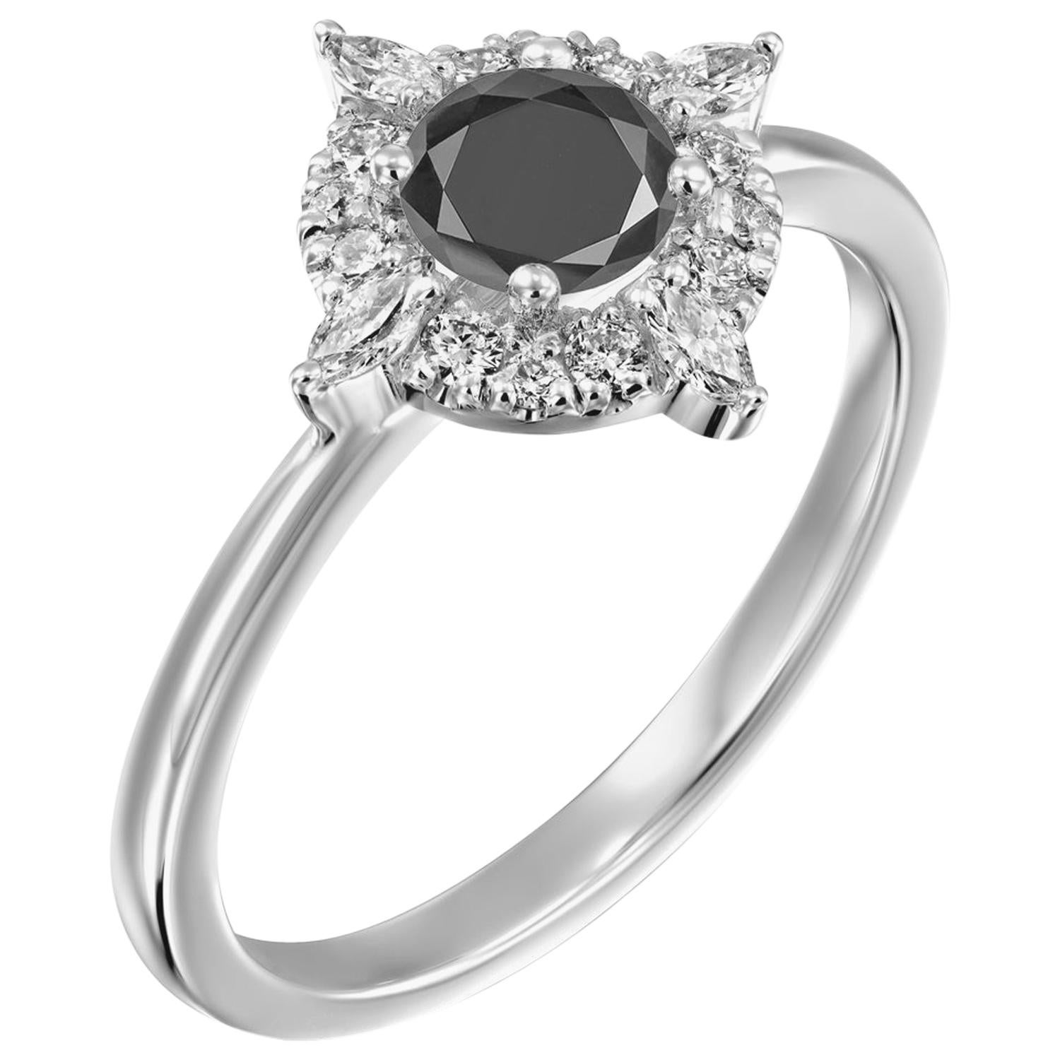 3/4 Carat 14 Karat White Gold Certified Round Black Diamond Engagement Ring
