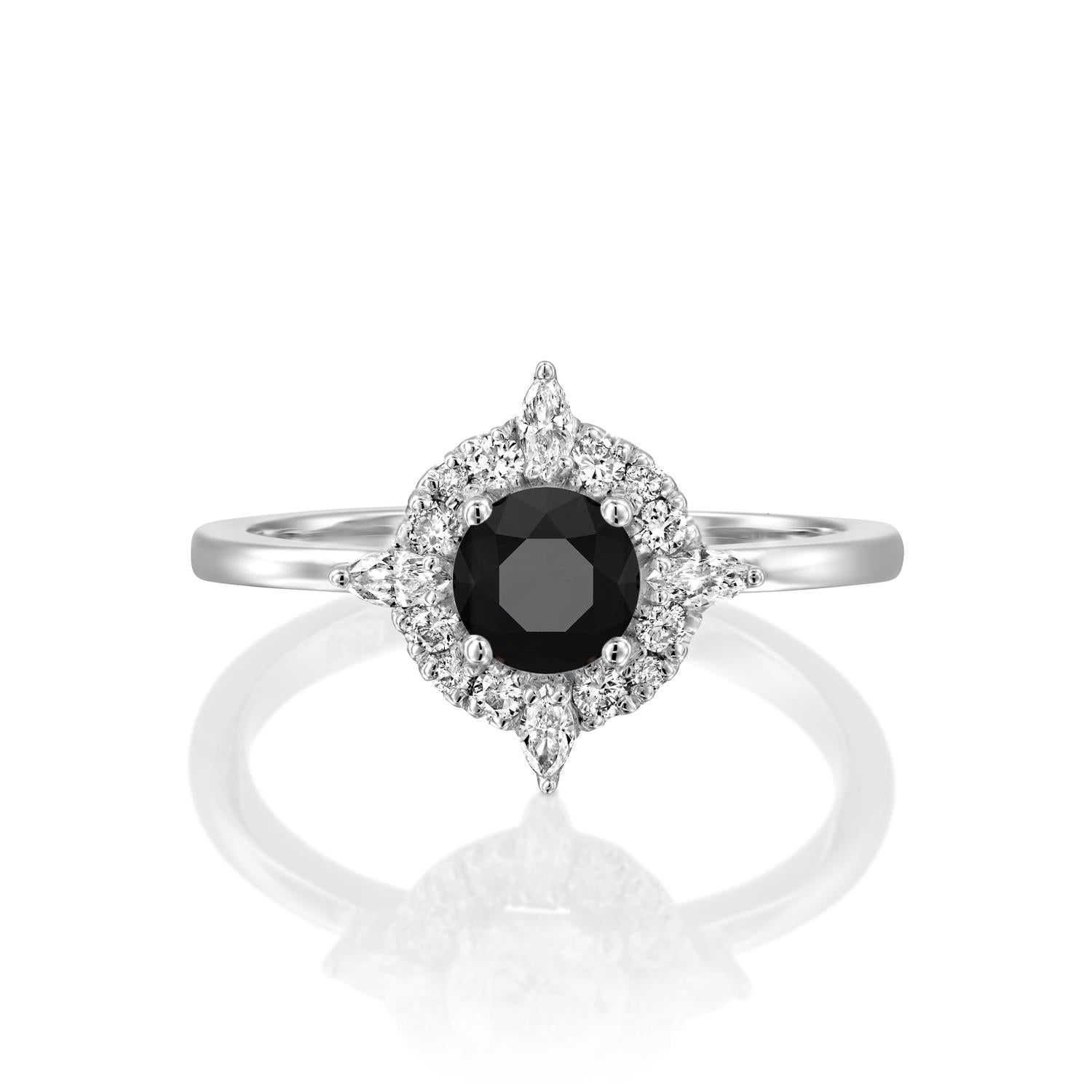 Beautiful solitaire with accents Victorian style diamond engagement ring. Center stone is natural, round shaped, AAA quality Black Diamond of 0.5 carat and it is surrounded by smaller natural round diamonds approx. 0.25 total carat weight. The total