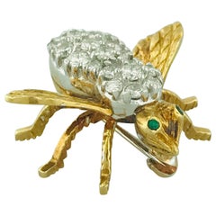 '3/4 Carat' .65 Carat Diamond and Emerald Eye Honey Bee Pin in 18 Karat Gold