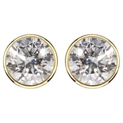 Clous d'oreilles en or jaune 14 carats avec diamants solitaires naturels de 1 carat et 2 carats