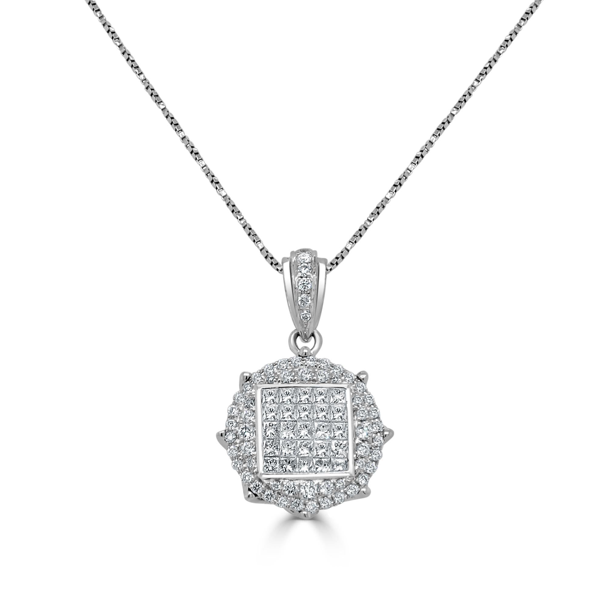 Round Cut 3/4 Carat diamond pendant necklace in 18K white gold For Sale
