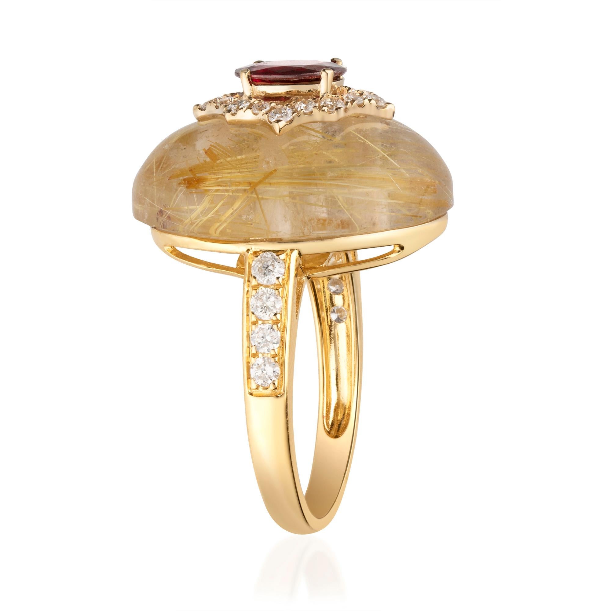 Art Deco 3/4 Carat Genuine Ruby, Rutile Quatrz and Diamond 14 Karat Yellow Gold Ring For Sale