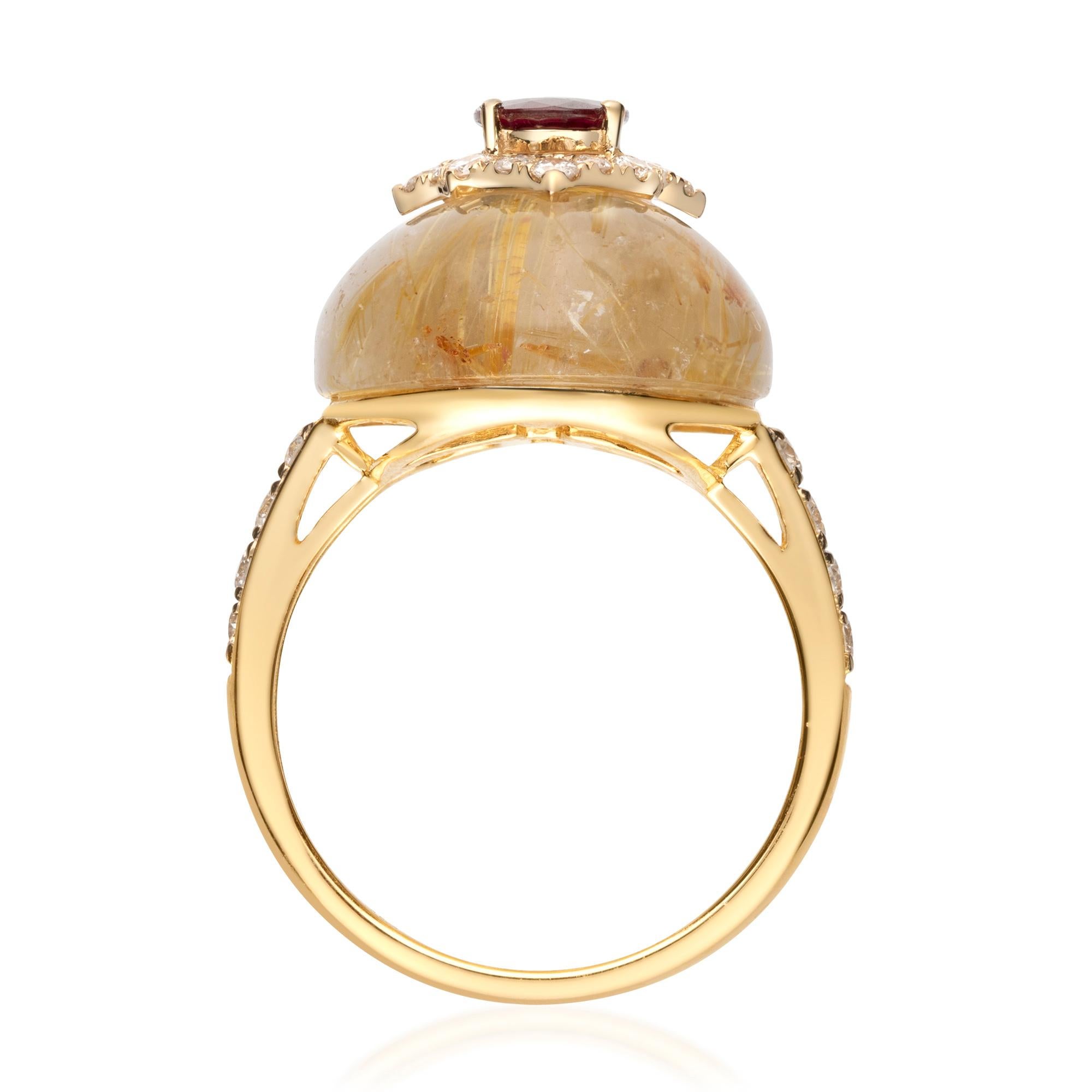 Oval Cut 3/4 Carat Genuine Ruby, Rutile Quatrz and Diamond 14 Karat Yellow Gold Ring For Sale
