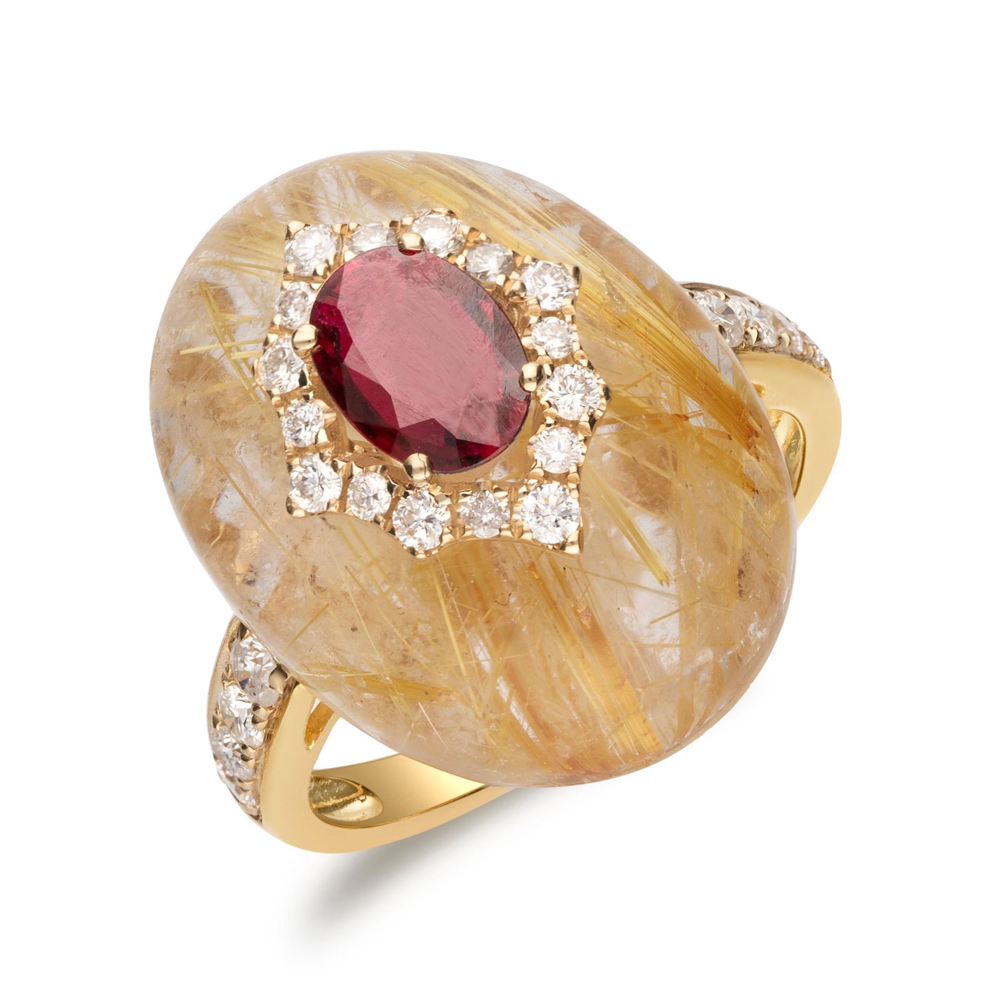 3/4 Carat Genuine Ruby, Rutile Quatrz and Diamond 14 Karat Yellow Gold Ring In New Condition For Sale In New York, NY