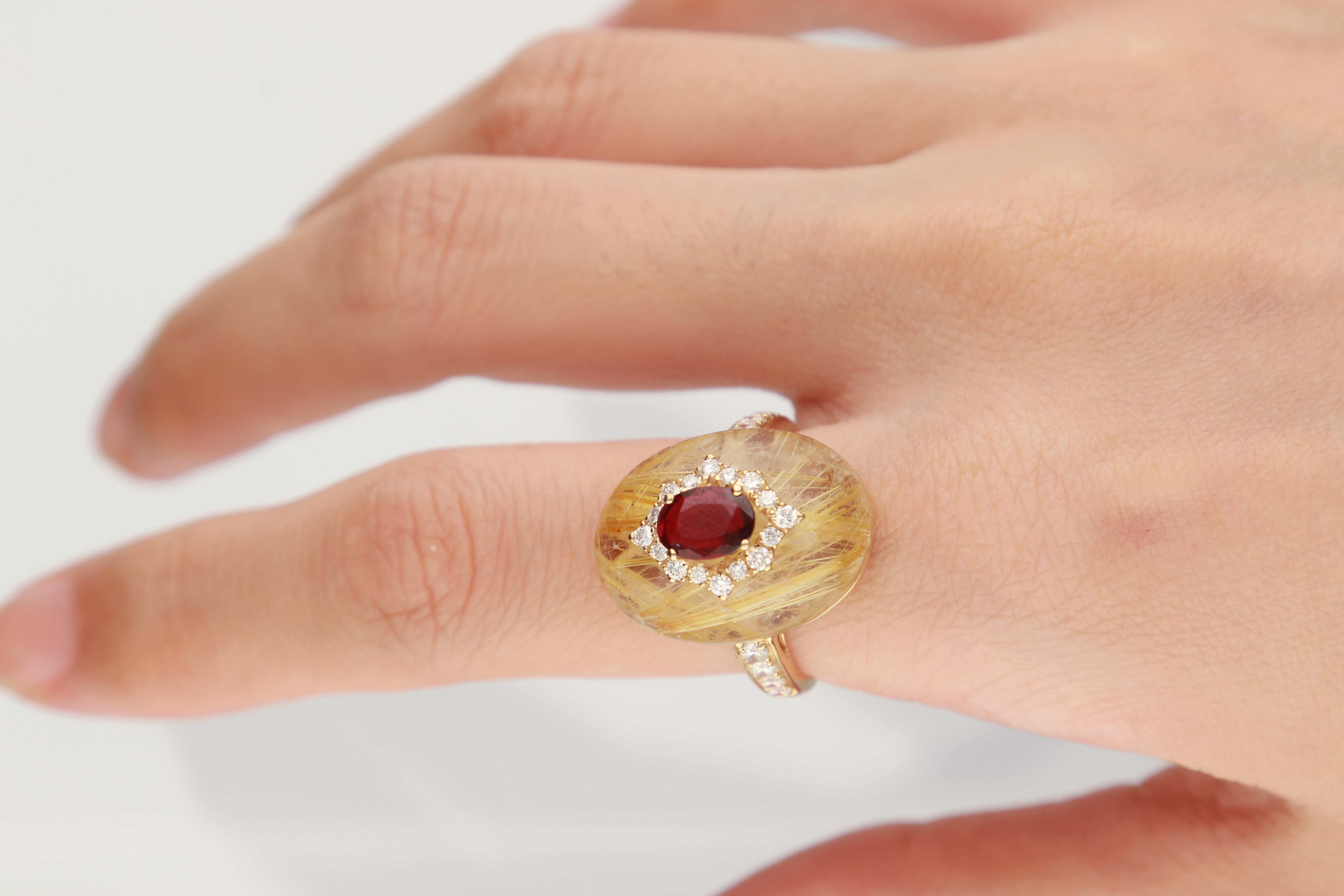 This beautiful Ruby Ring is crafted in 14-karat Yellow gold and features a 3/4 carat 1 Pc Genuine Ruby, 1 Pc Rulite Quartz 16.025 Carats and  24 Pcs Round White Diamonds in GH- I1 quality with 0.47 Ct in a prong-setting. This Ring comes in sizes 6