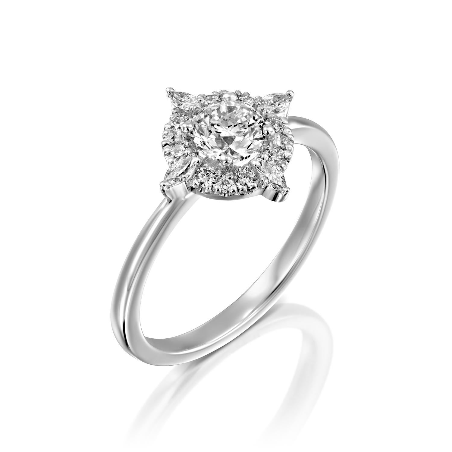 Unique and special Victorian style GIA certified diamond engagement ring. Ring features a 3/4 carat round cut 100% eye clean natural diamond of F-G color and VS2-SI1 clarity and it is surrounded by smaller natural round diamonds approx. 0.25 total