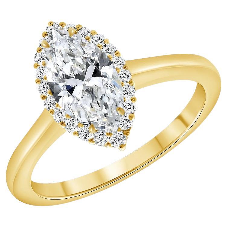 For Sale:  3/4 Carat Halo Marquise Cut Diamond Engagement Ring Yellow Gold