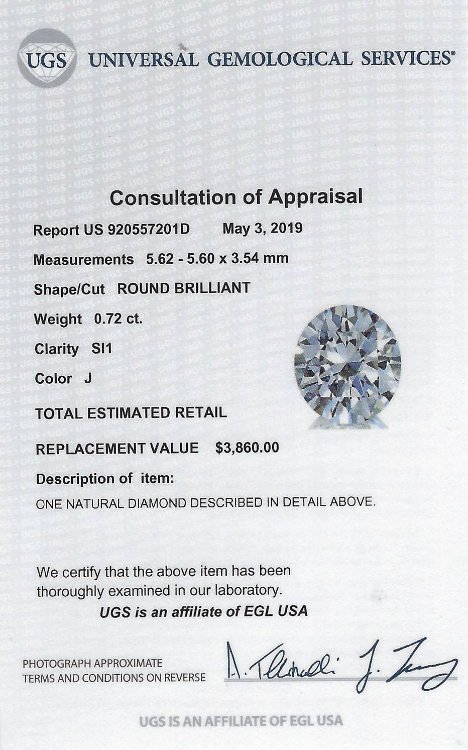 3/4 Carat Round Diamond Solitaire Engagement Ring 14 Karat Gold EGL Certified 1