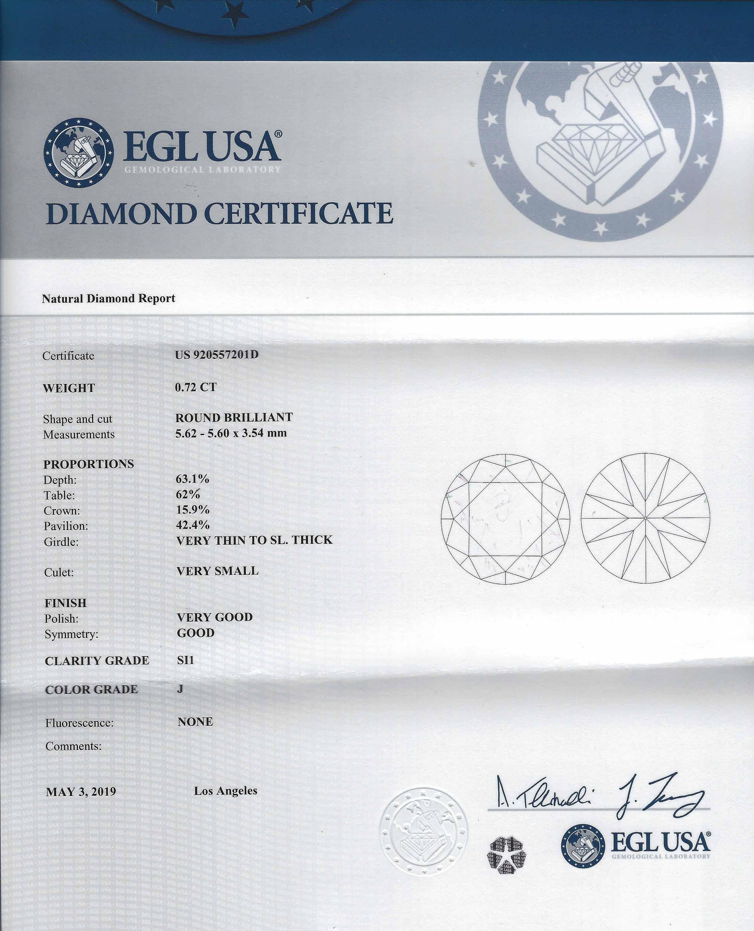 Women's 3/4 Carat Round Diamond Solitaire Engagement Ring 14 Karat Gold EGL Certified