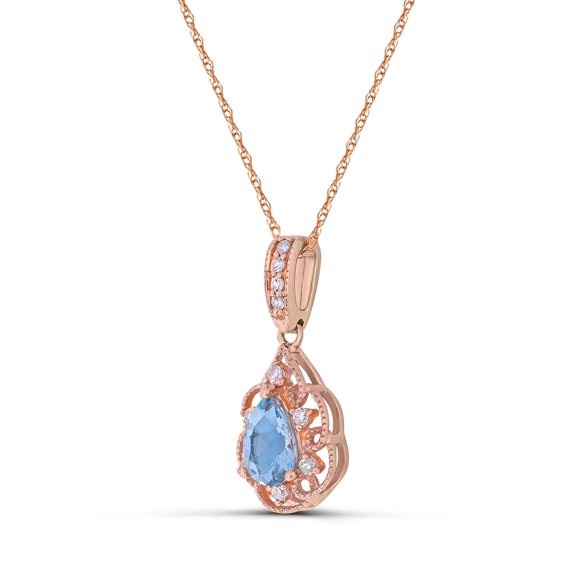 Indulge in the elegance of our 14K Rose Gold Pear Aquamarine with Diamond Accented Drop Pendant. Crafted with meticulous attention to detail, this pendant boasts a stunning combination of one pear aquamarine accented by sparkling round single-cut