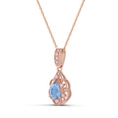 3/4 ct. 14K Rose Gold Pear Aquamarine with Diamond Accent Drop Pendant Necklace