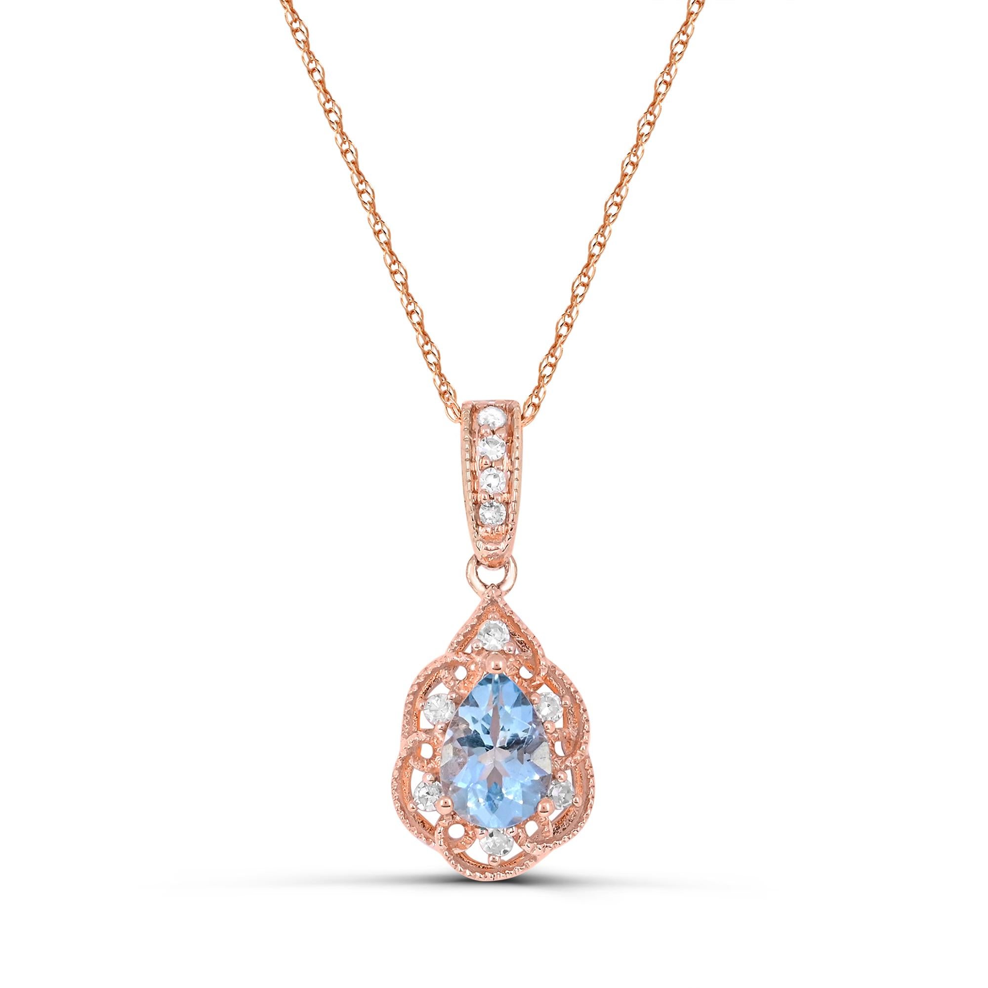 3/4 ct. 14K Rose Gold Pear Aquamarine with Diamond Accent Drop Pendant Necklace For Sale