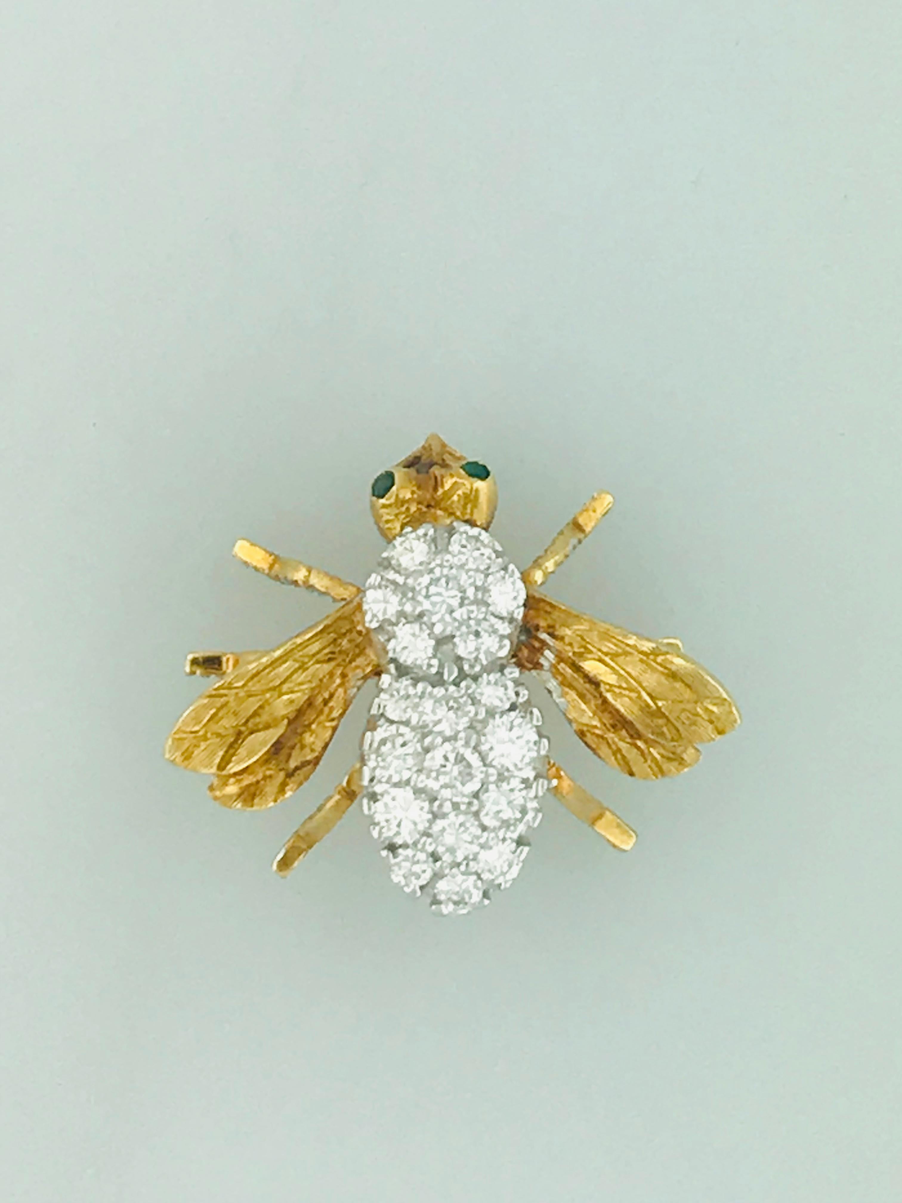 Round Cut '3/4 Carat' .65 Carat Diamond and Emerald Eye Honey Bee Pin in 18 Karat Gold