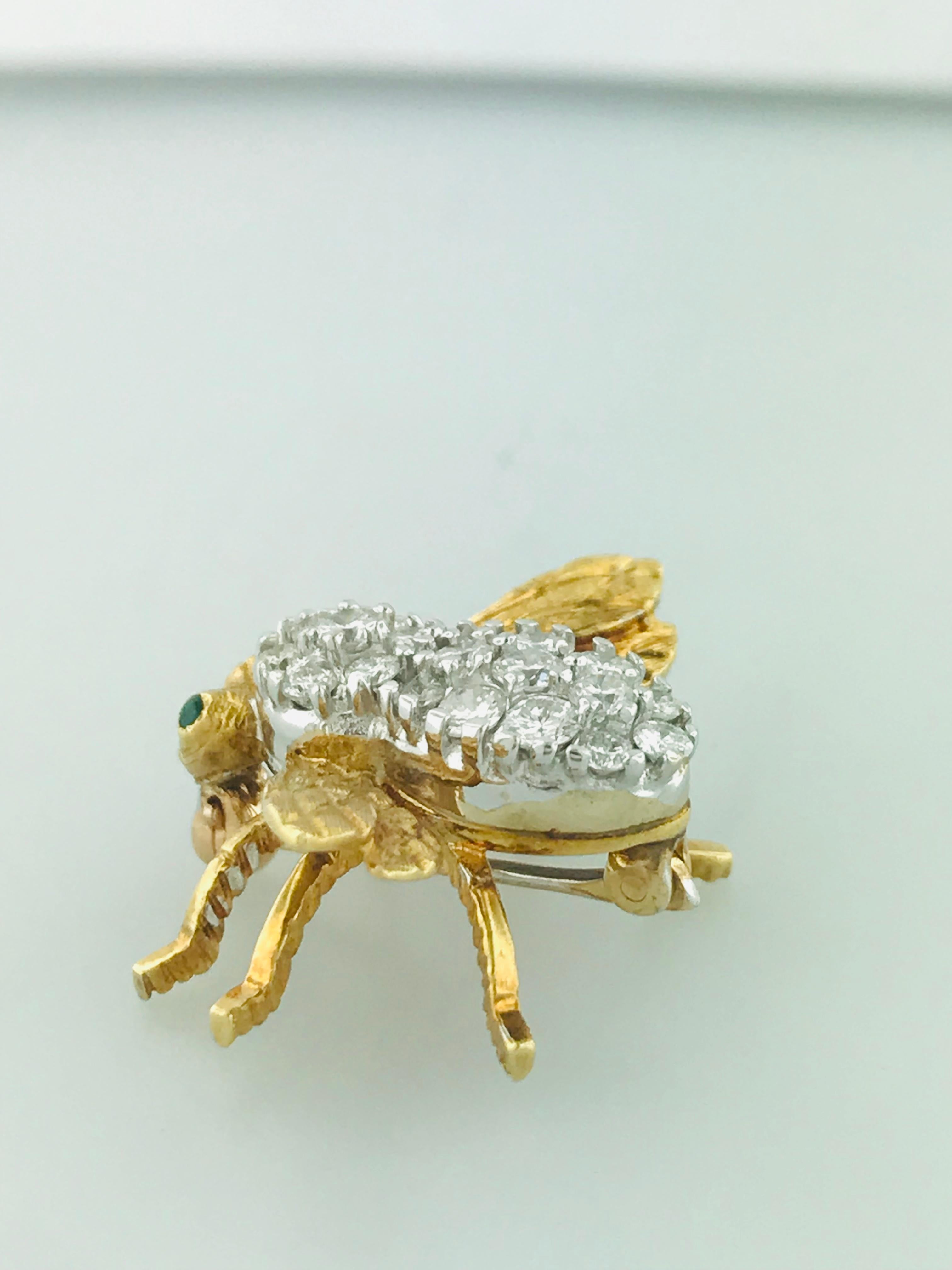 '3/4 Carat' .65 Carat Diamond and Emerald Eye Honey Bee Pin in 18 Karat Gold 1
