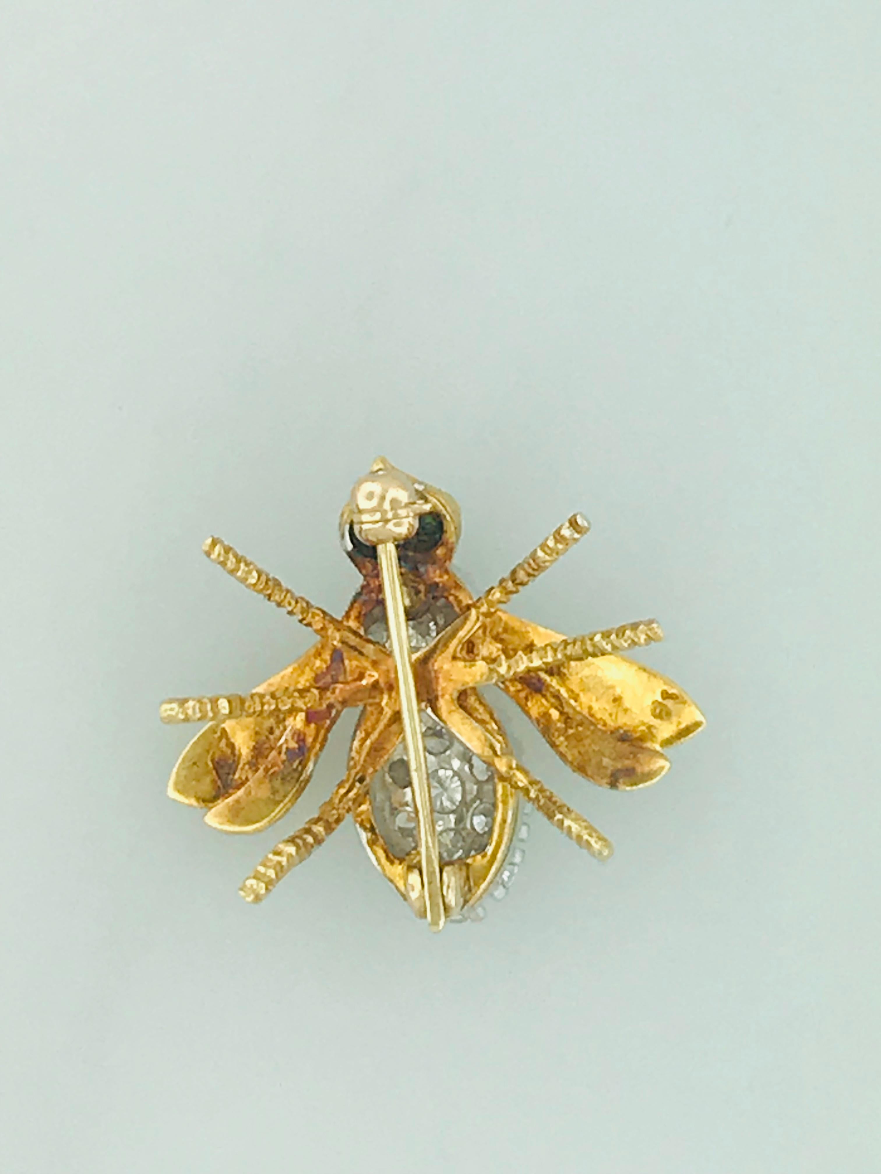 '3/4 Carat' .65 Carat Diamond and Emerald Eye Honey Bee Pin in 18 Karat Gold 2