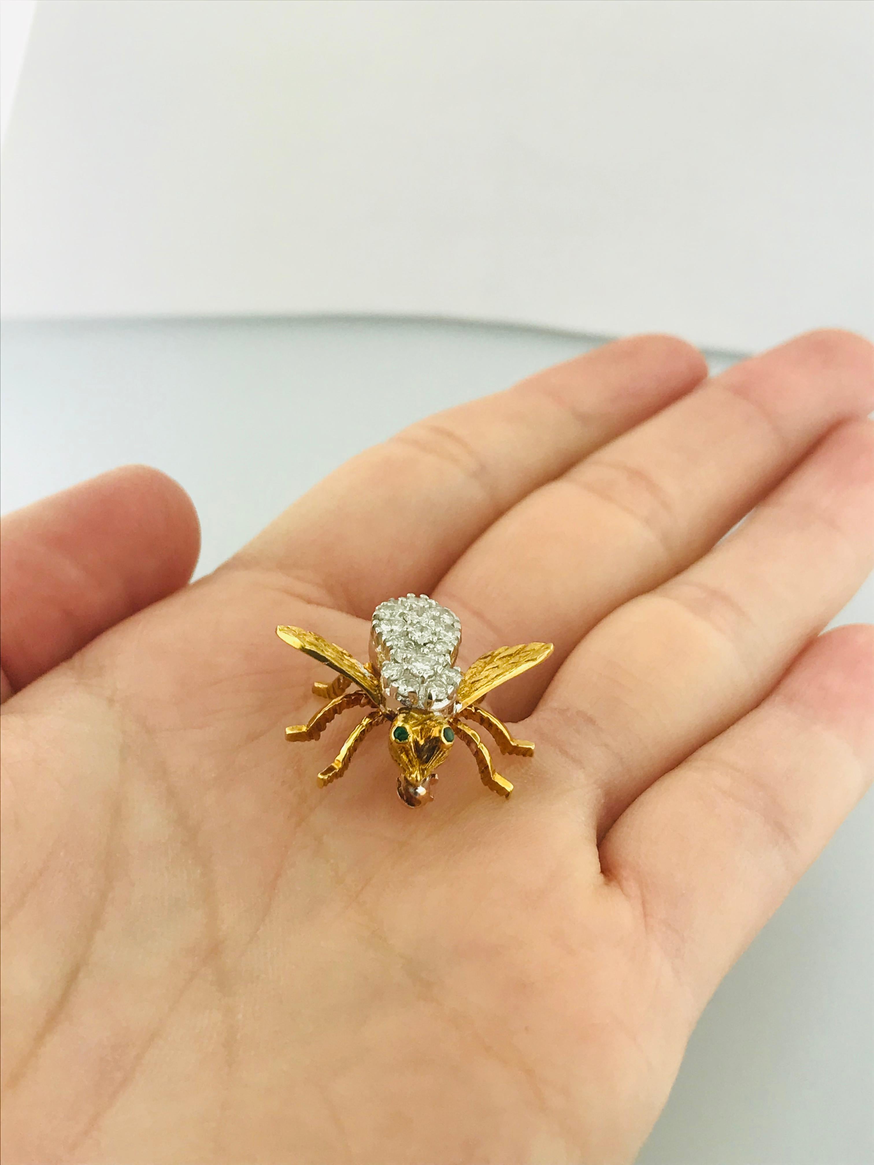 '3/4 Carat' .65 Carat Diamond and Emerald Eye Honey Bee Pin in 18 Karat Gold 4