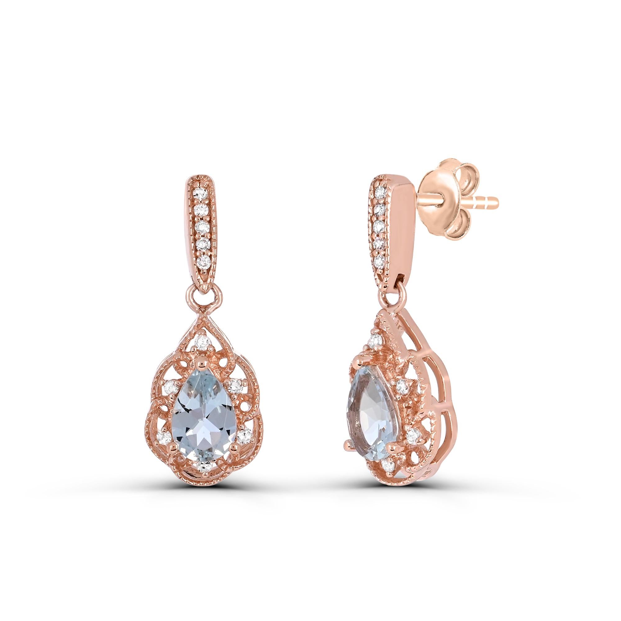 Indulge in elegance with our Pear-Cut Aquamarine and A-Quality Round Diamond Accent Earrings in 14K Rose Gold. Crafted with exquisite attention to detail, each dangle earring features a stunning pear-shaped aquamarine gemstone set in lustrous 14K