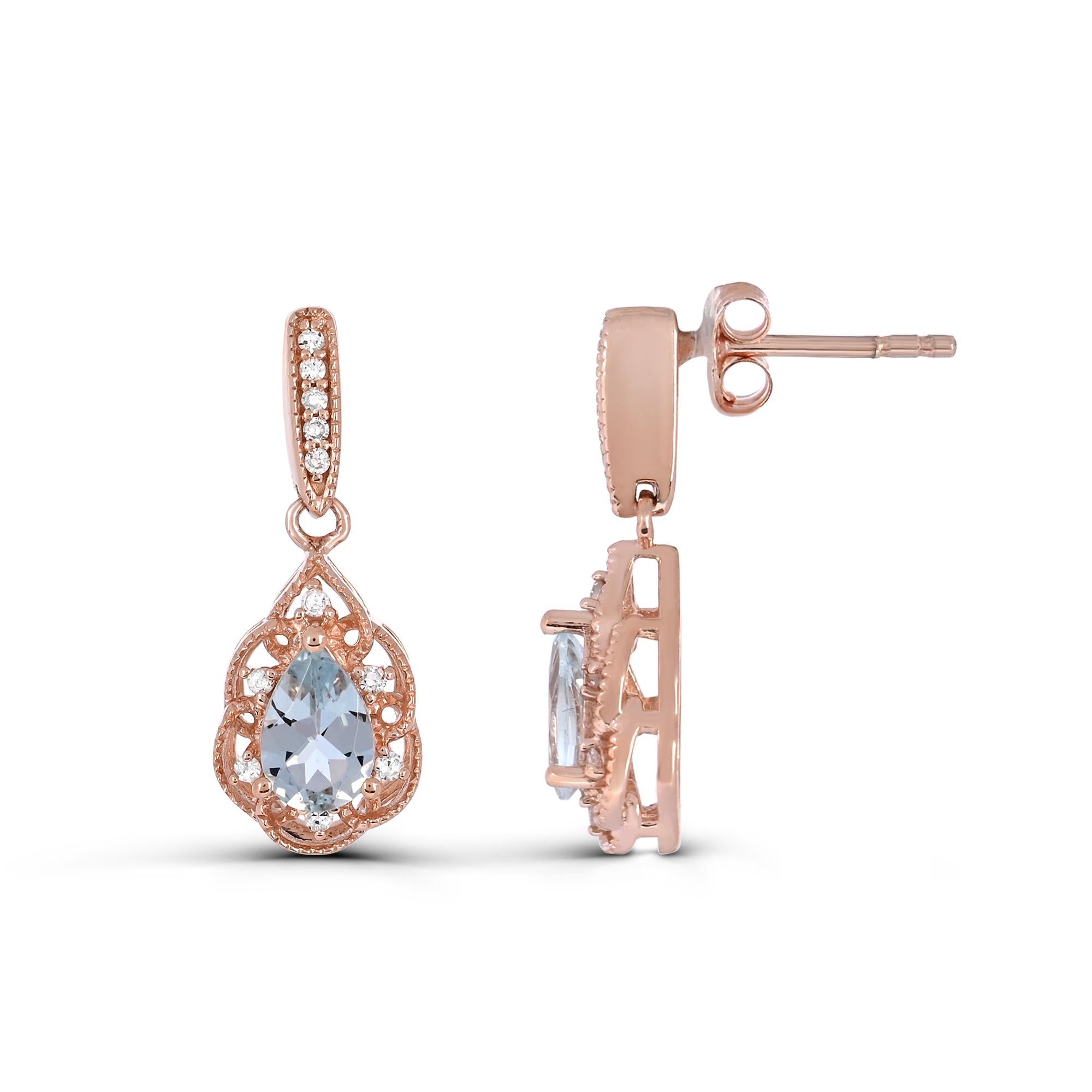 Contemporary 3/4 ct. Aquamarine and A-quality Round Diamond Accent Earrings in 14K Rose Gold For Sale