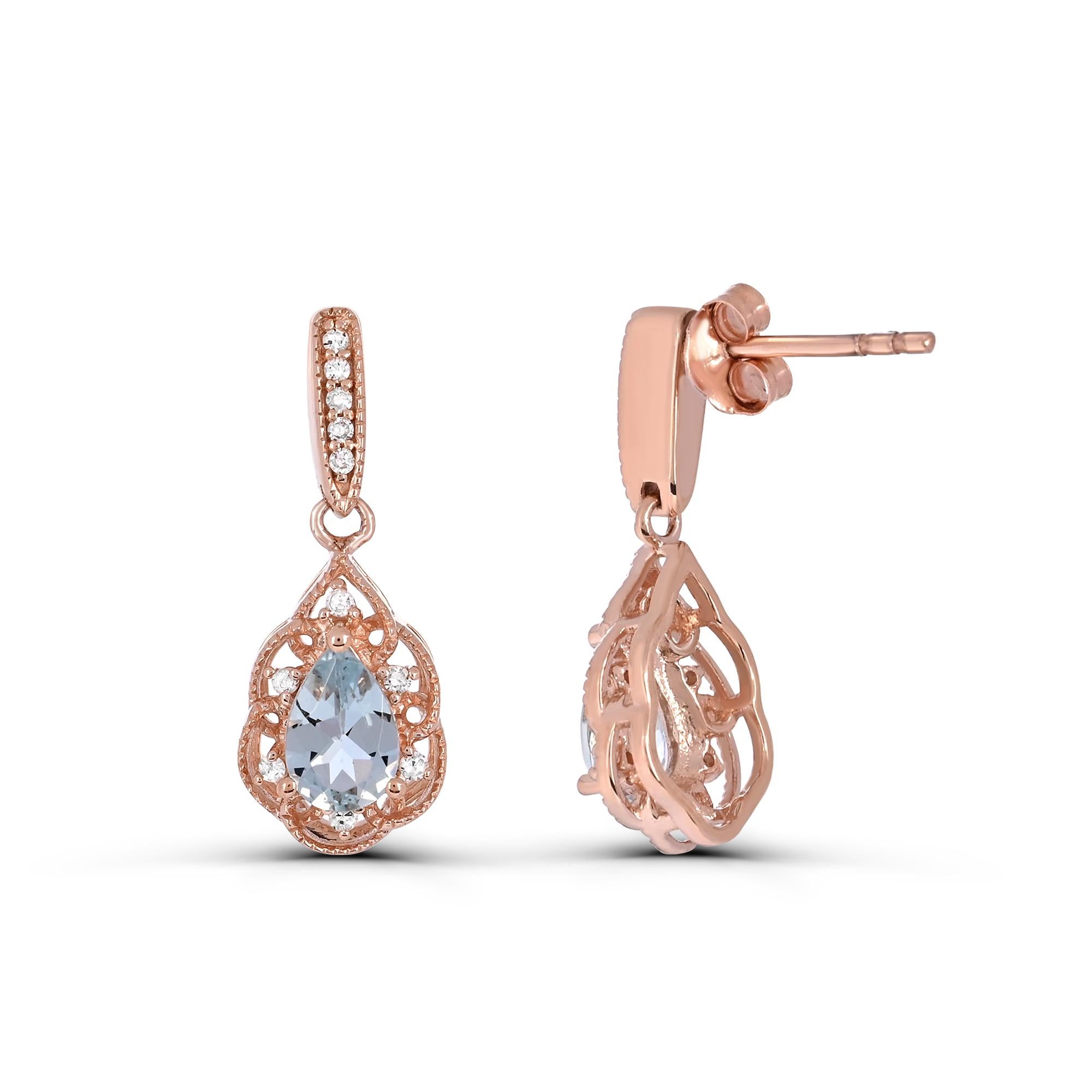 Pear Cut 3/4 ct. Aquamarine and A-quality Round Diamond Accent Earrings in 14K Rose Gold For Sale