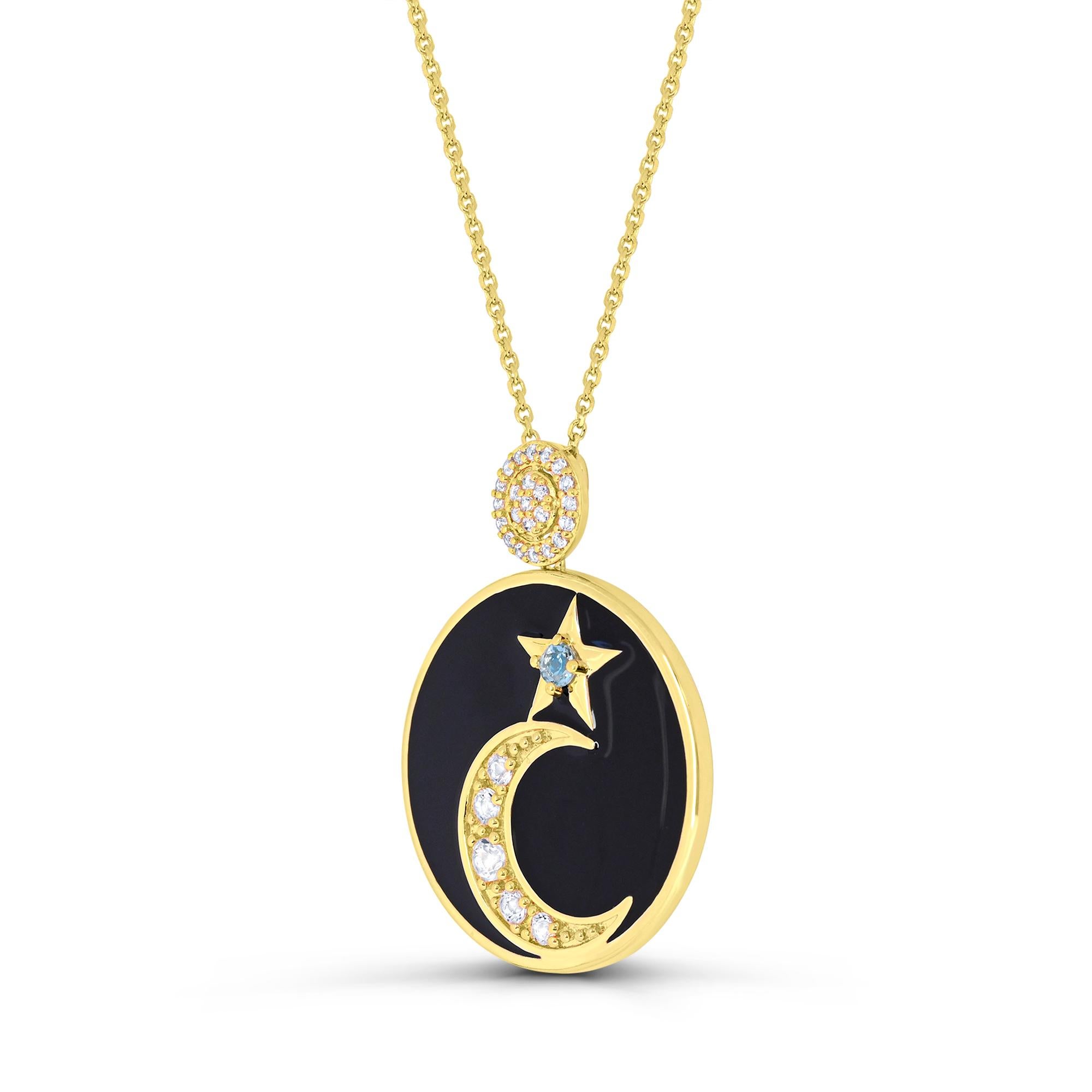 Indulge in the elegance of our Swiss Blue Topaz and White Topaz Accented Star and Crescent Moon Enamel Pendant Necklace in 14K Yellow Gold over Sterling Silver. This necklace boasts a stunning combination of one gold tone star and one crescent moon