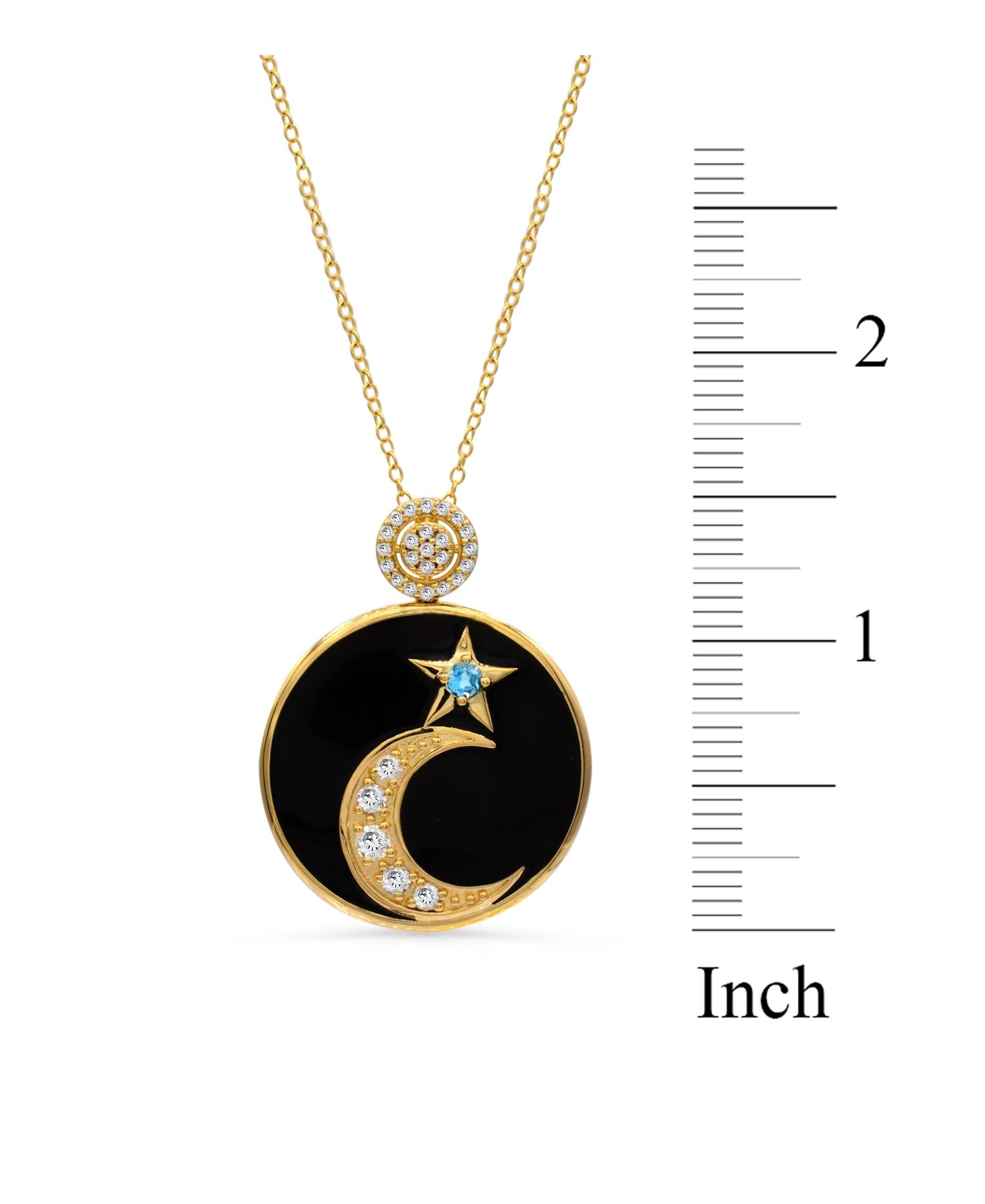 Round Cut 3/4 ct. Blue and White Topaz Accent Black Enamel 14K Gold over Silver Necklace For Sale
