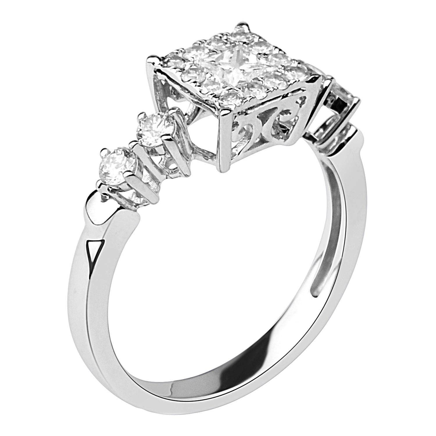 3/4 Carat Certified Diamond Square Ring in 14 Karat White Gold For Sale